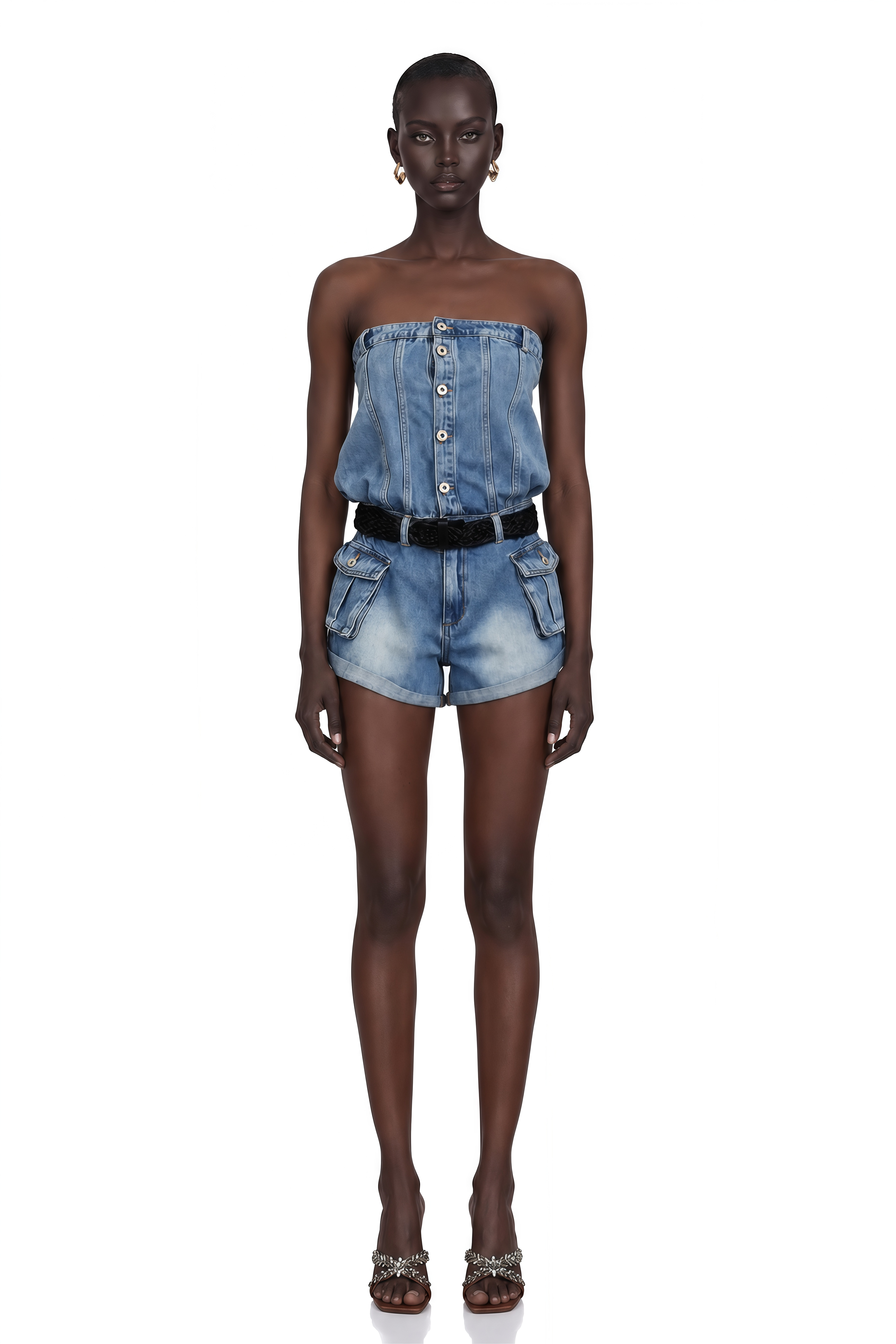 Marta Blue Faded Effect Denim Playsuit