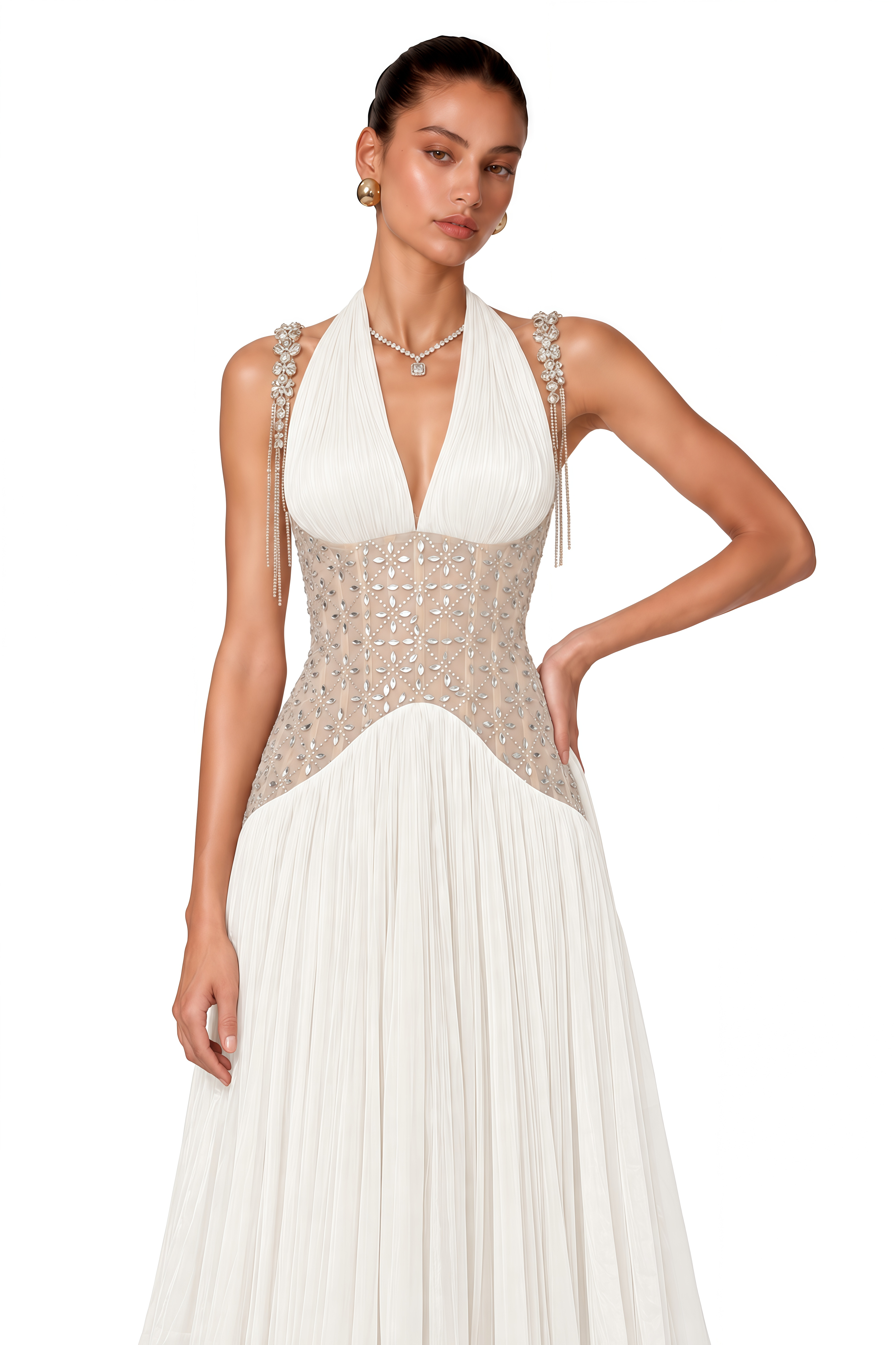 Gwenaëlle White Rhinestone Panel Maxi Dress