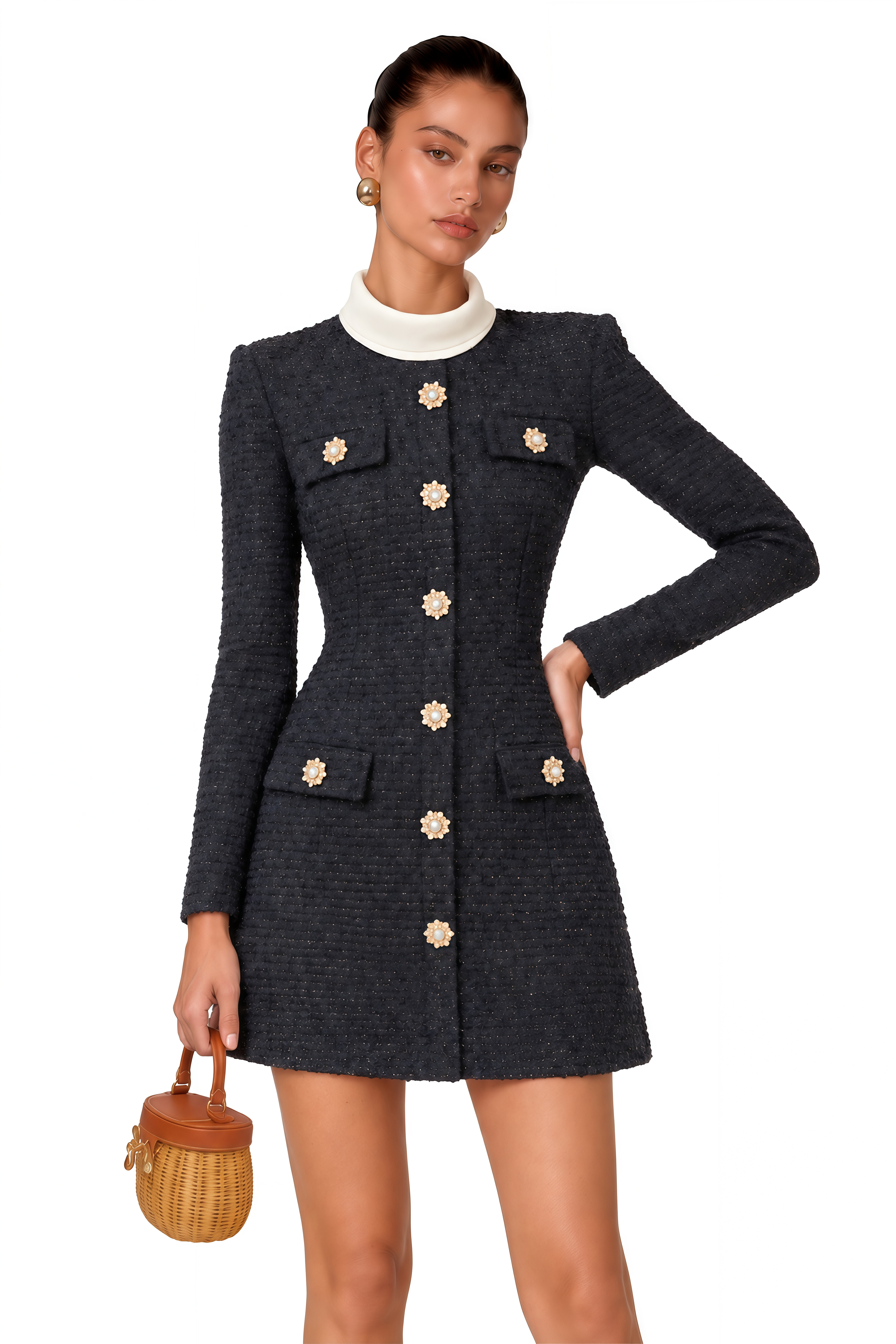 Fiona Navy Blue Embellished Tweed Mini Dress