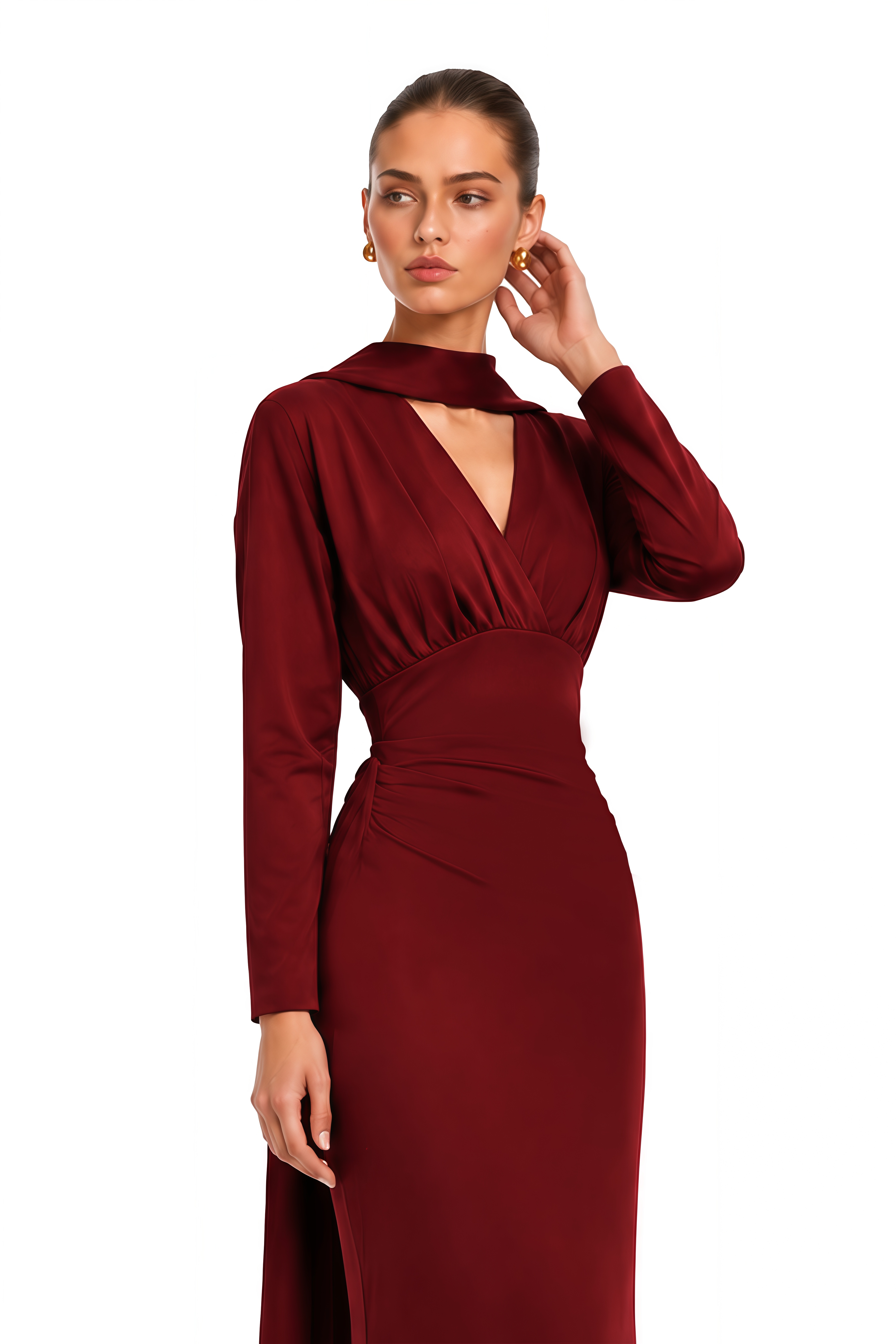 Margot Red Scarf Design Ruched Maxi Gown