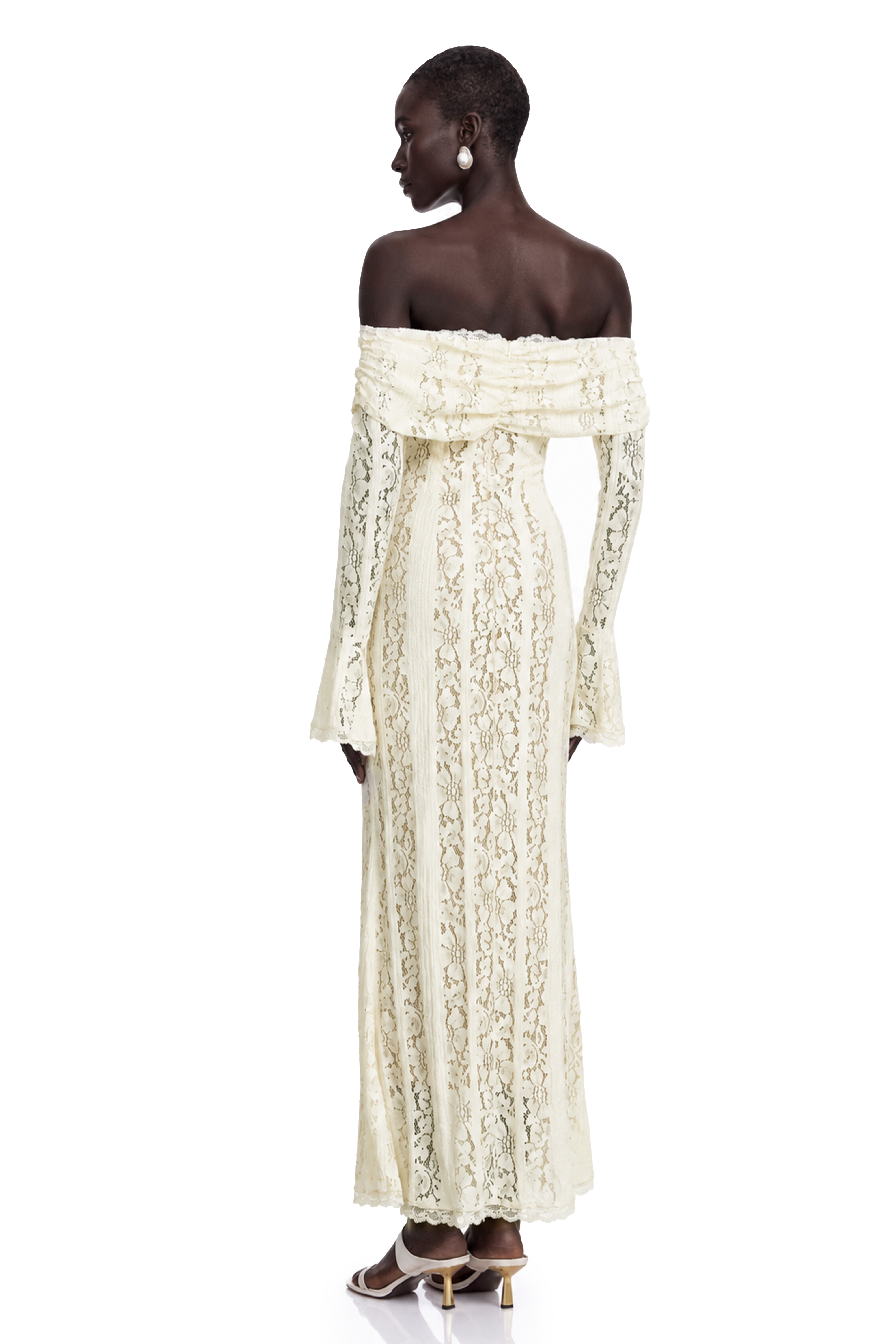 Cream off-the-shoulder lace gown with long bell sleeves