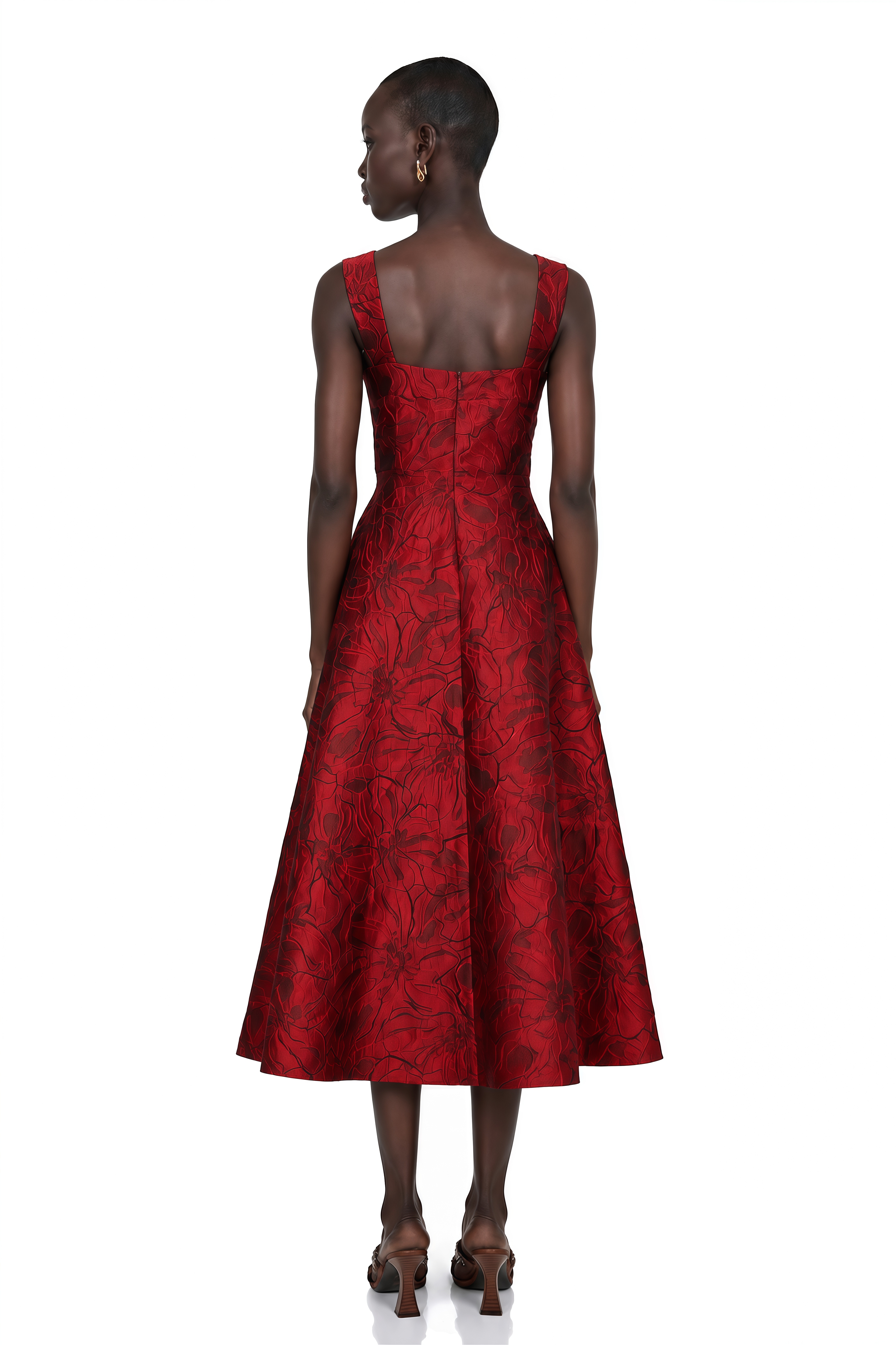 Hélène Red Floral-Jacquard Midi Dress