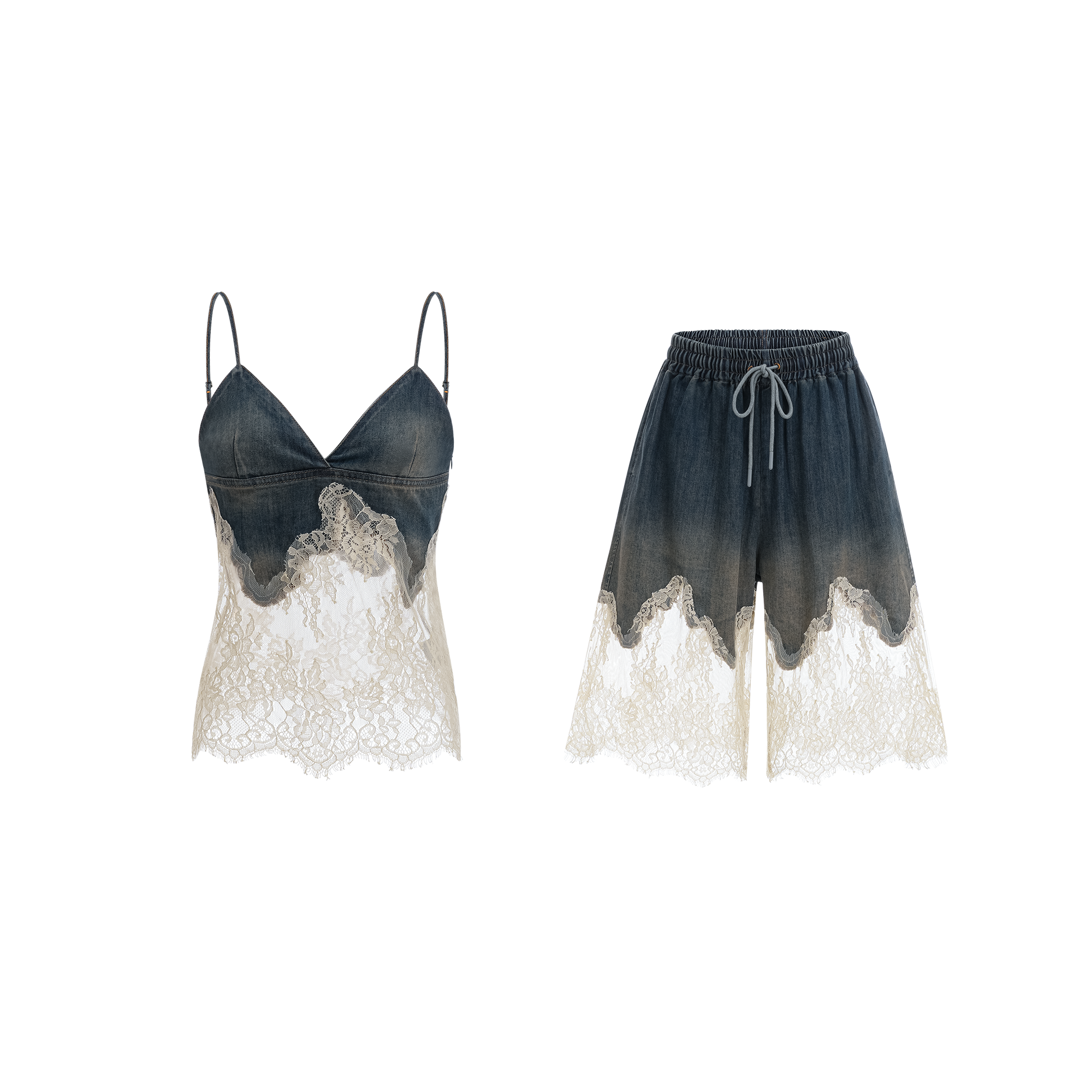 Blue denim camisole and matching skirt with delicate cream lace overlays