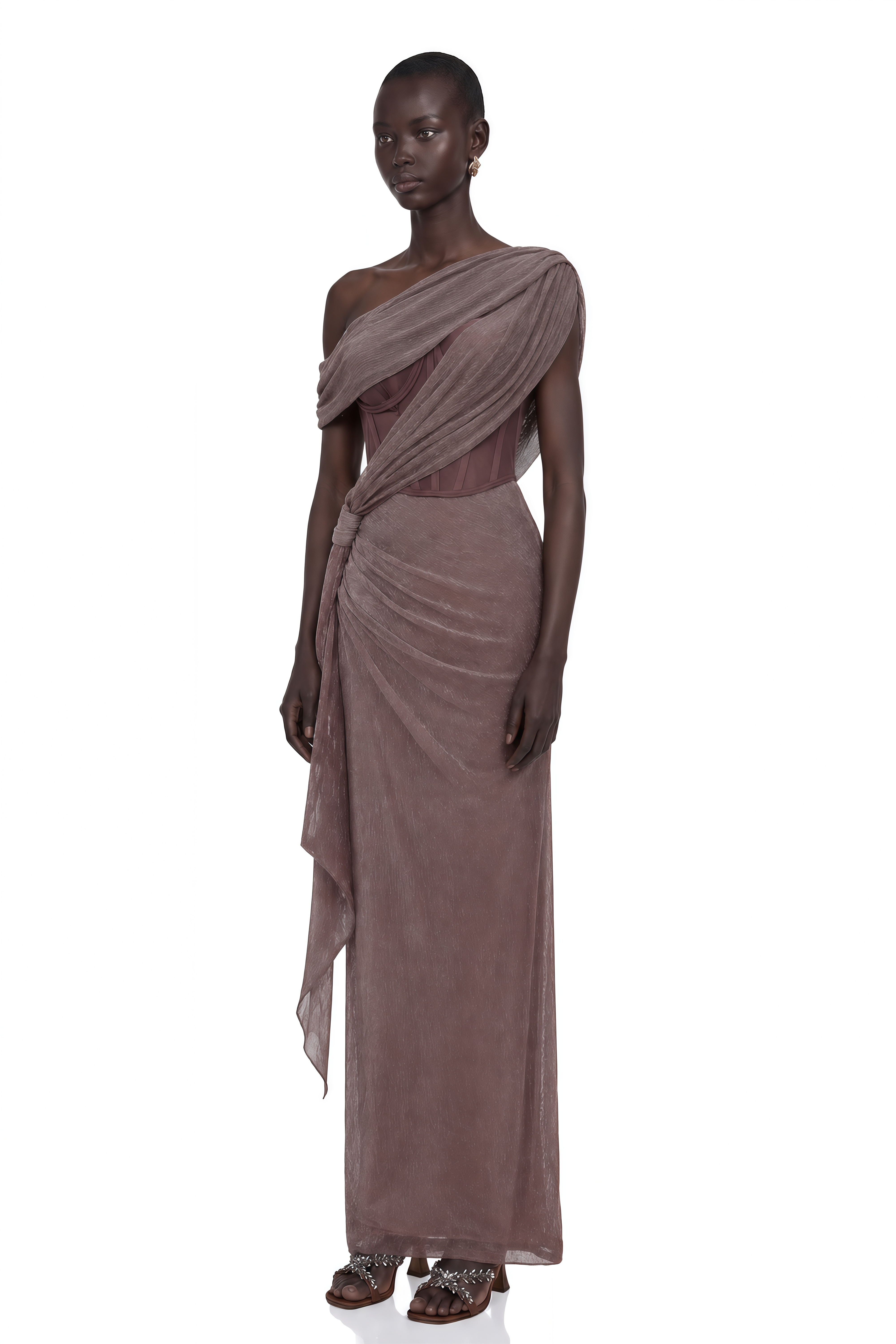 Delphine Ribbon-Design Corset Maxi Dress in Brown