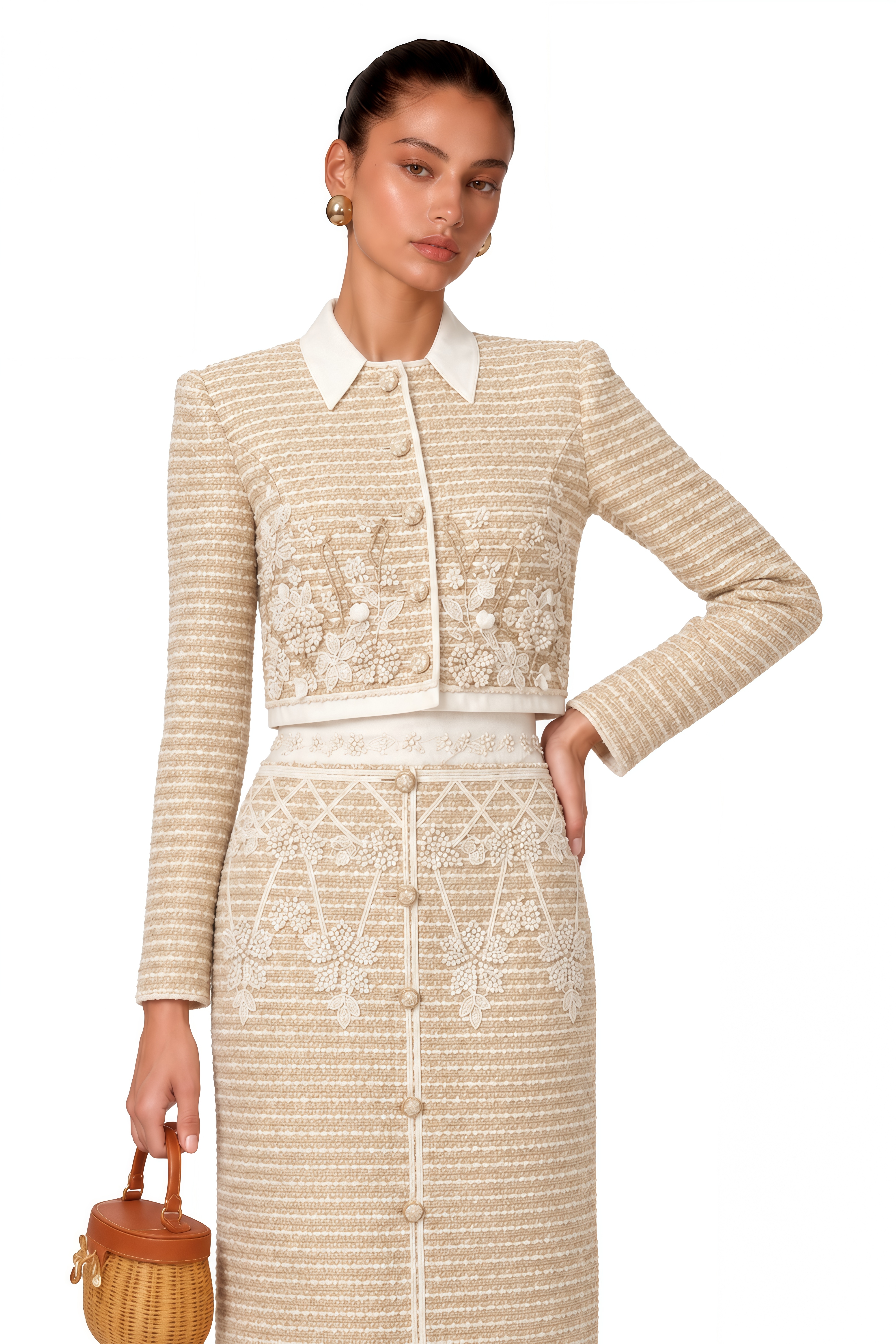 Catalina Neutral Floral Jacquard Tweed Jacket & Skirt Set