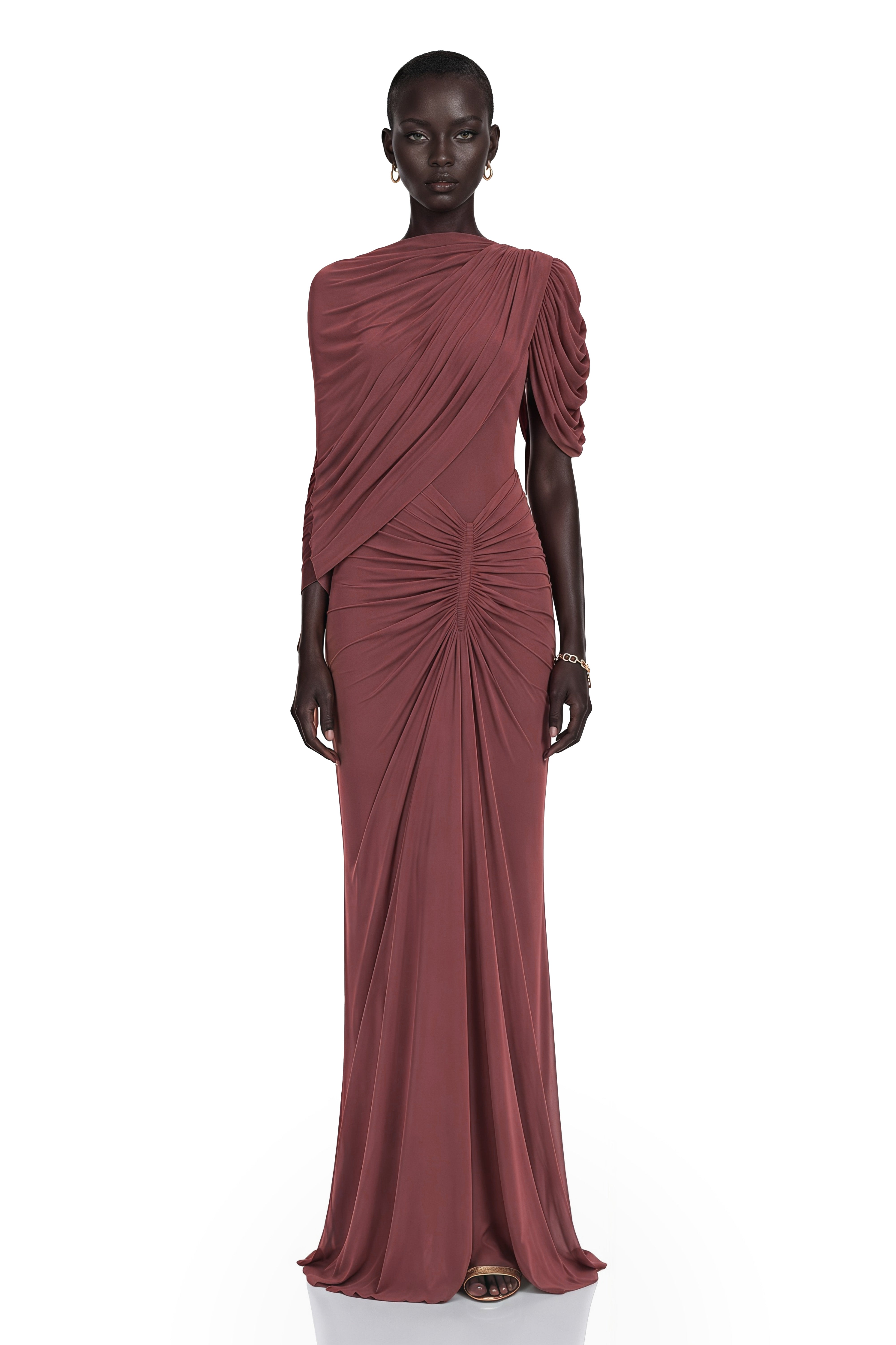Dusty rose draped one-shoulder gown with center ruching