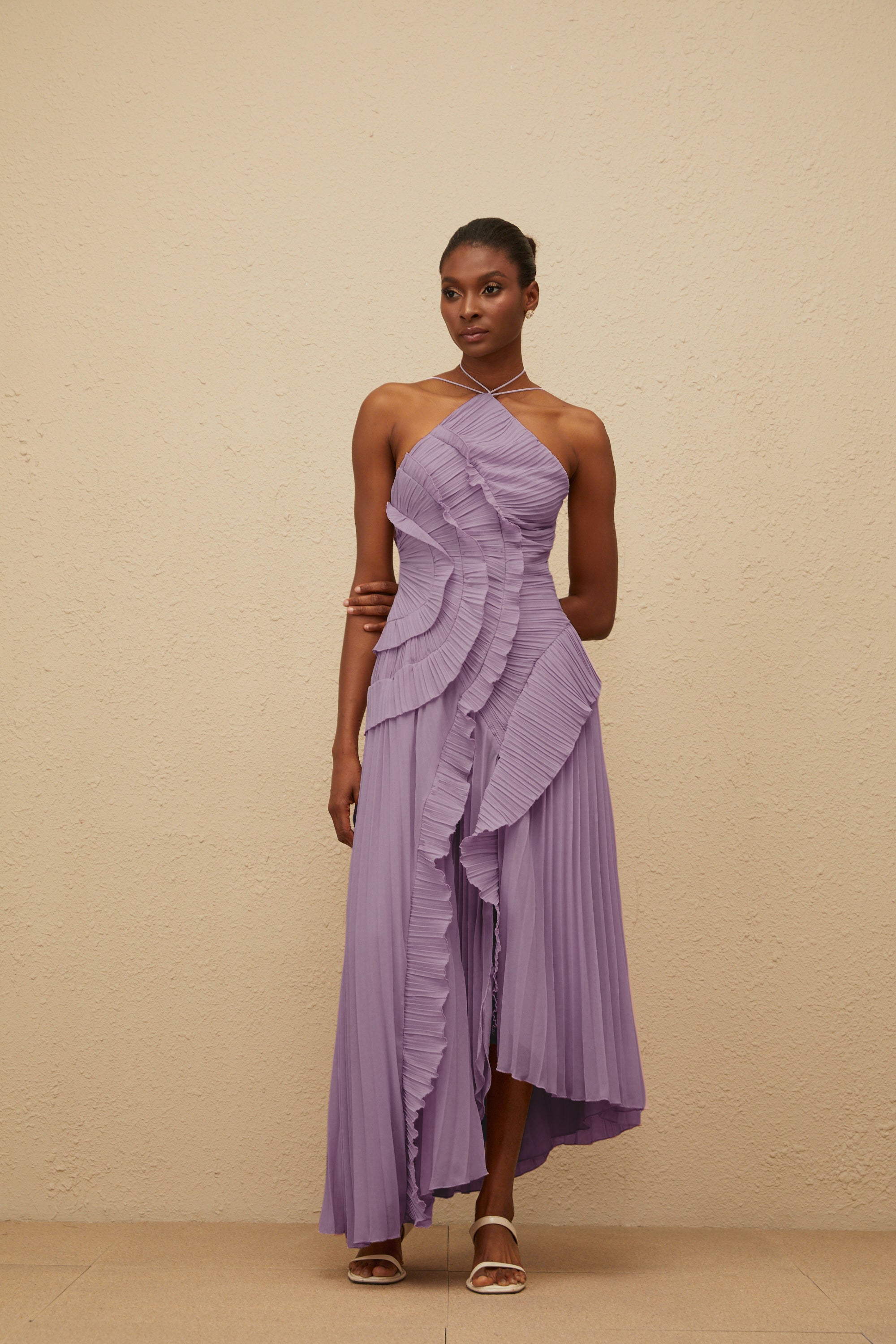 Lavender Ruffled Pleated Midi Dress