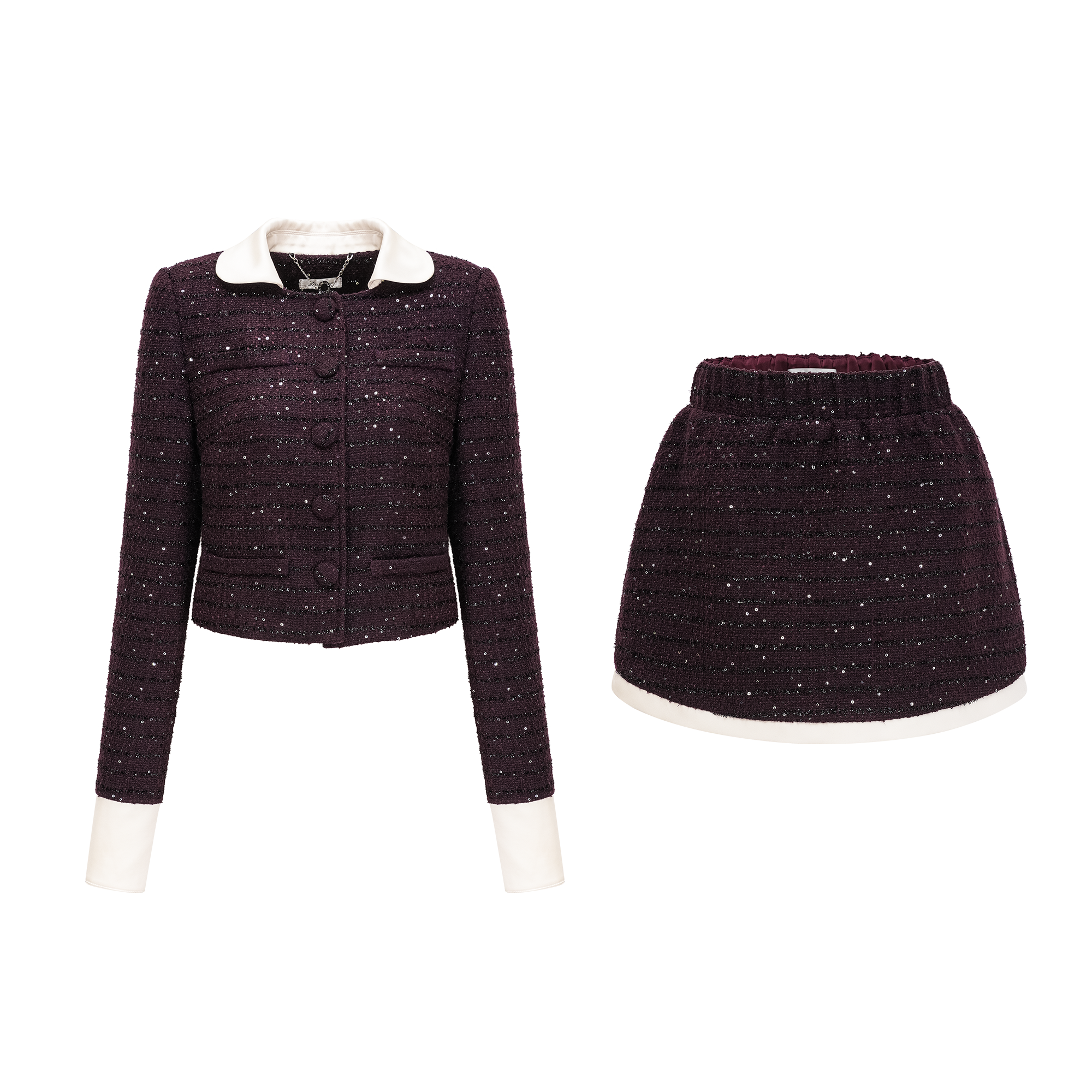 Purple tweed jacket and mini skirt set