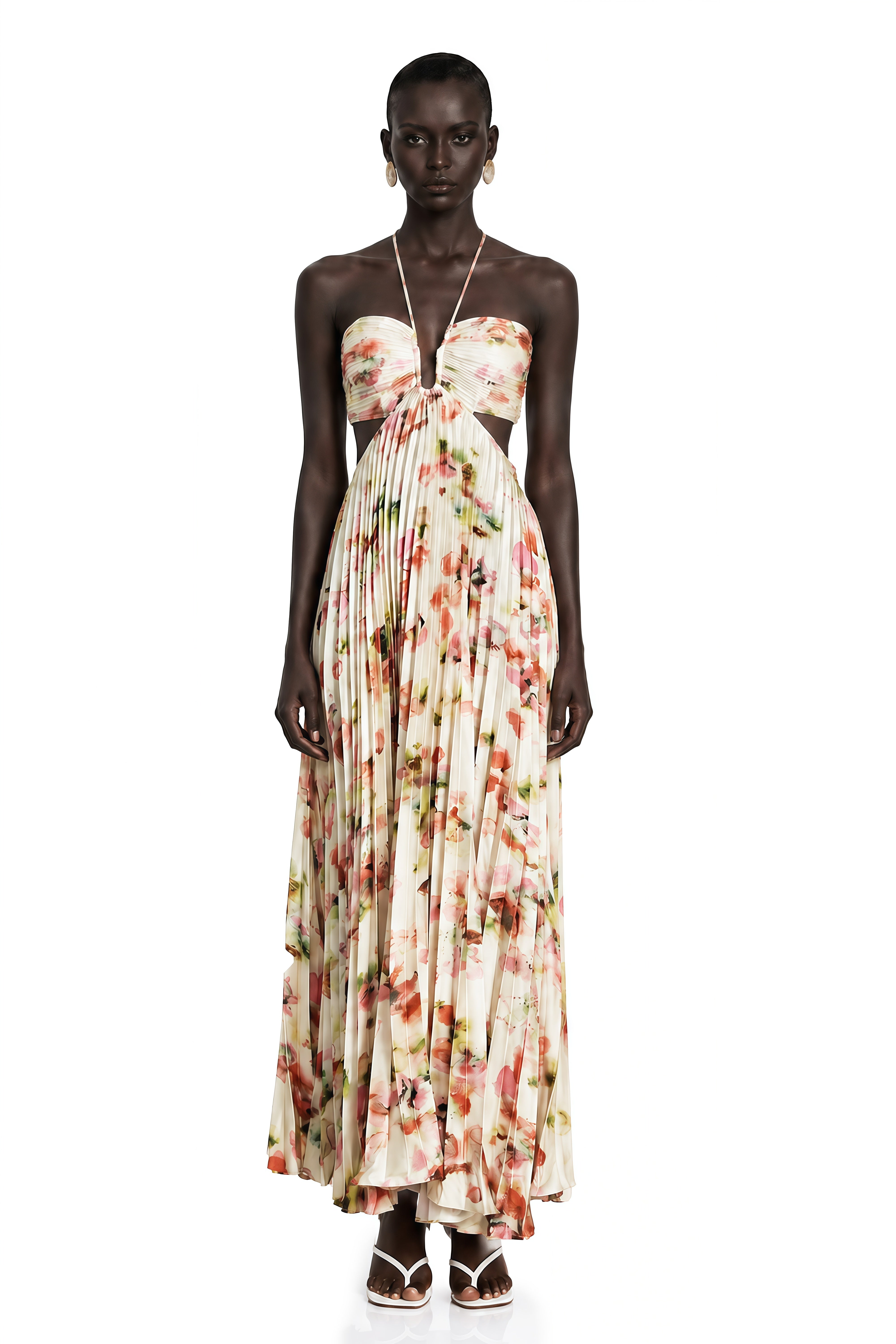 Floral pleated halter gown with side cutouts