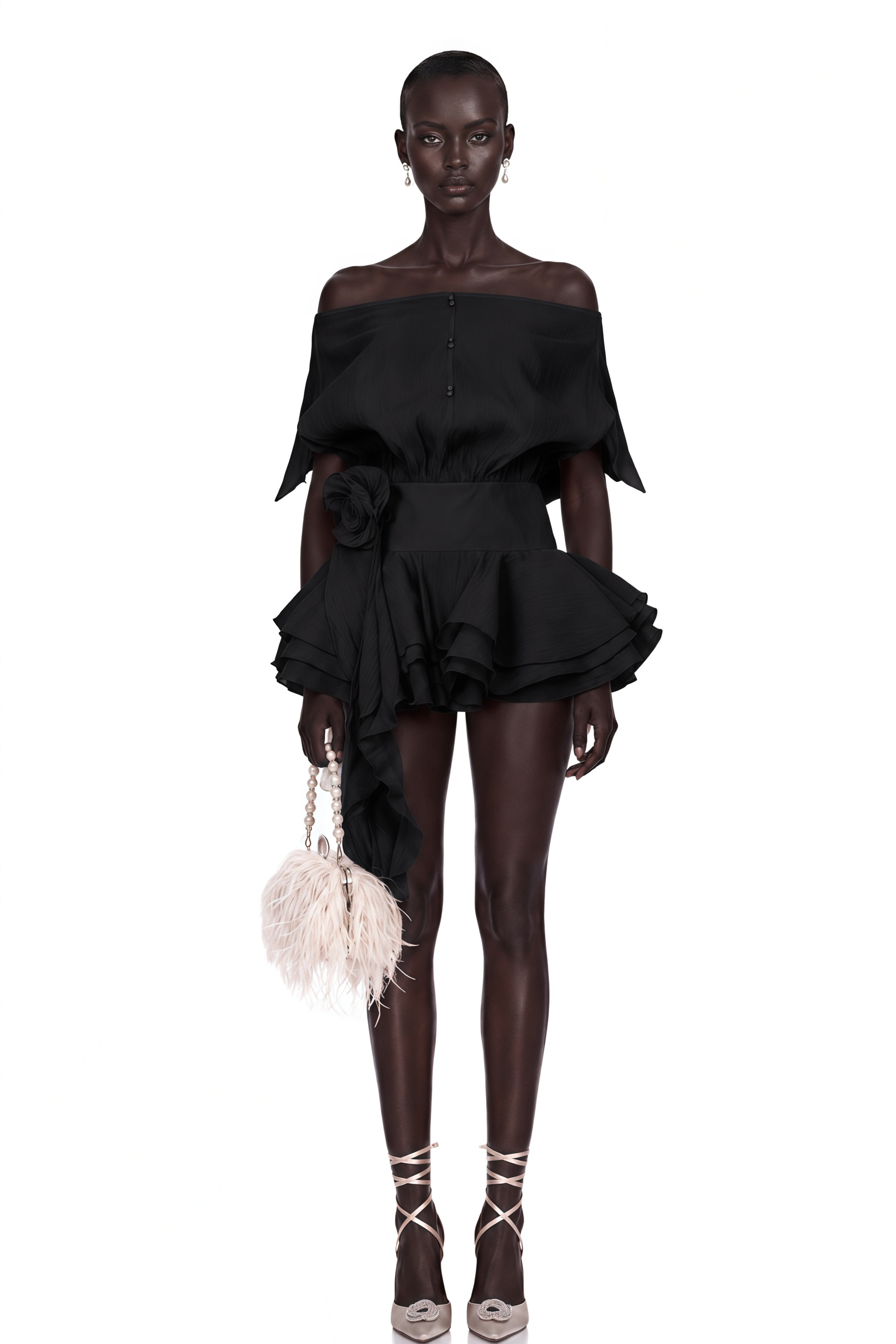 Amélie Black Floral Appliqué Flounced Mini Dress