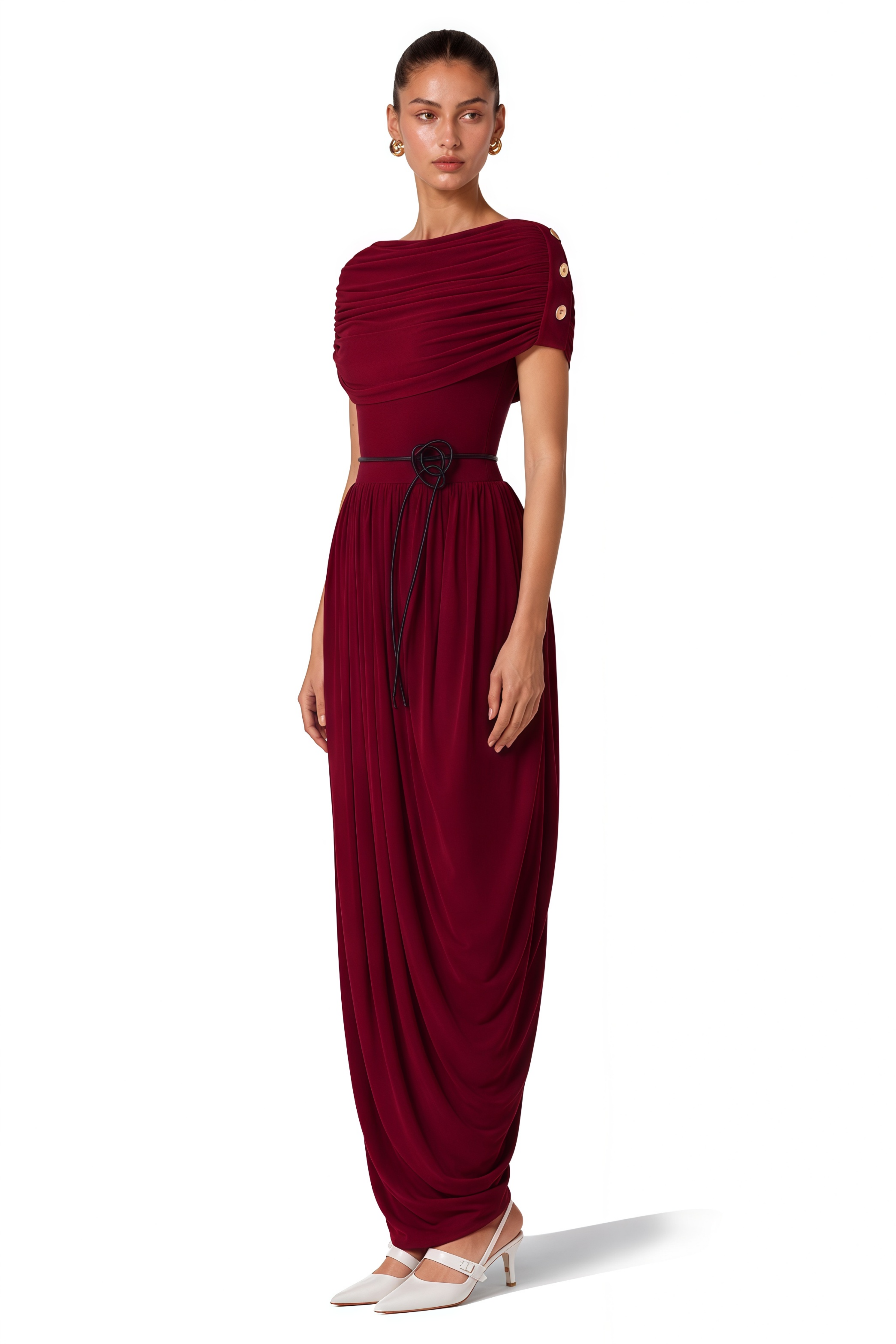 Gianna Burgundy Shawl Design Draped Maxi Dress