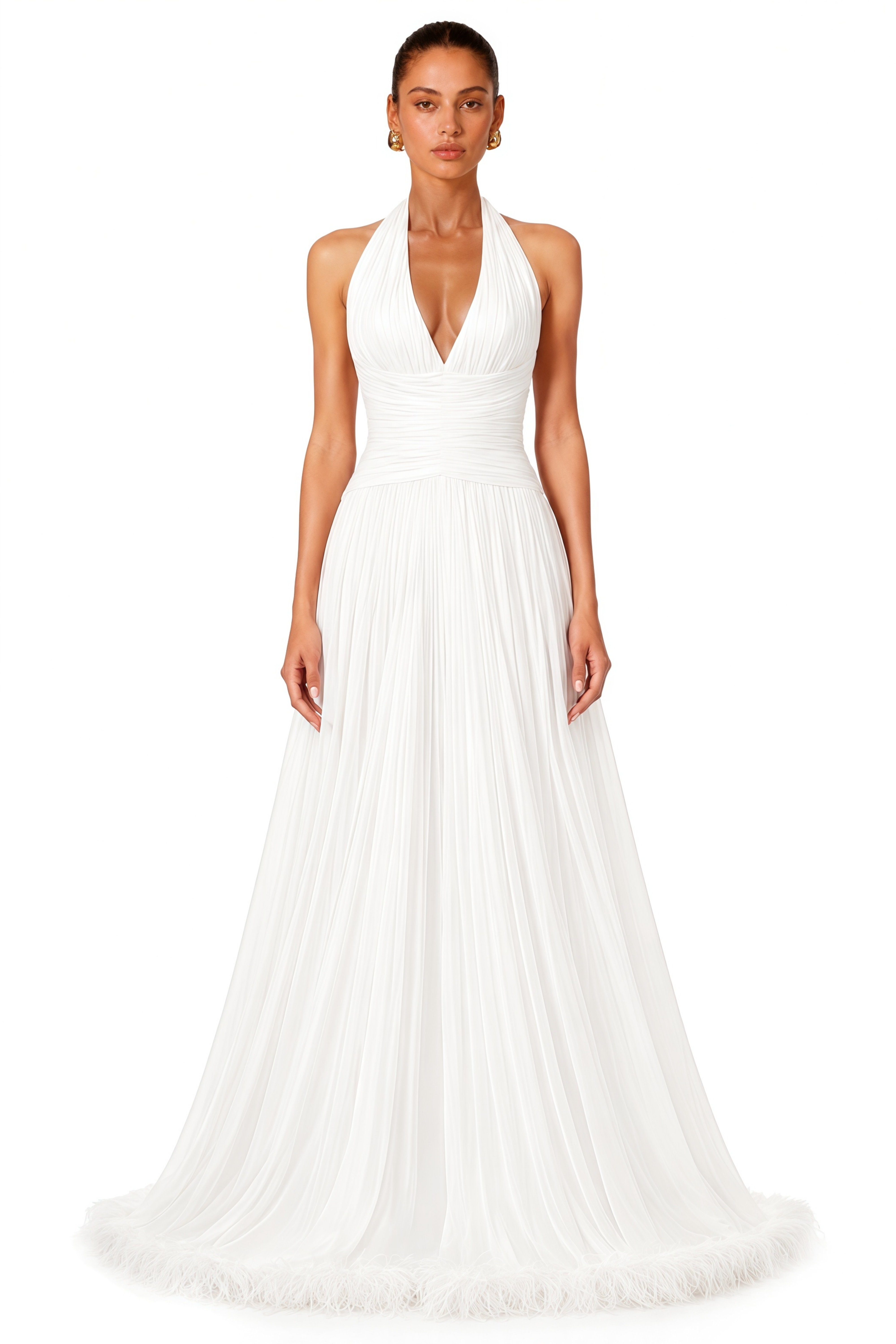 Ramona White Feather Hem Gathered Maxi Dress