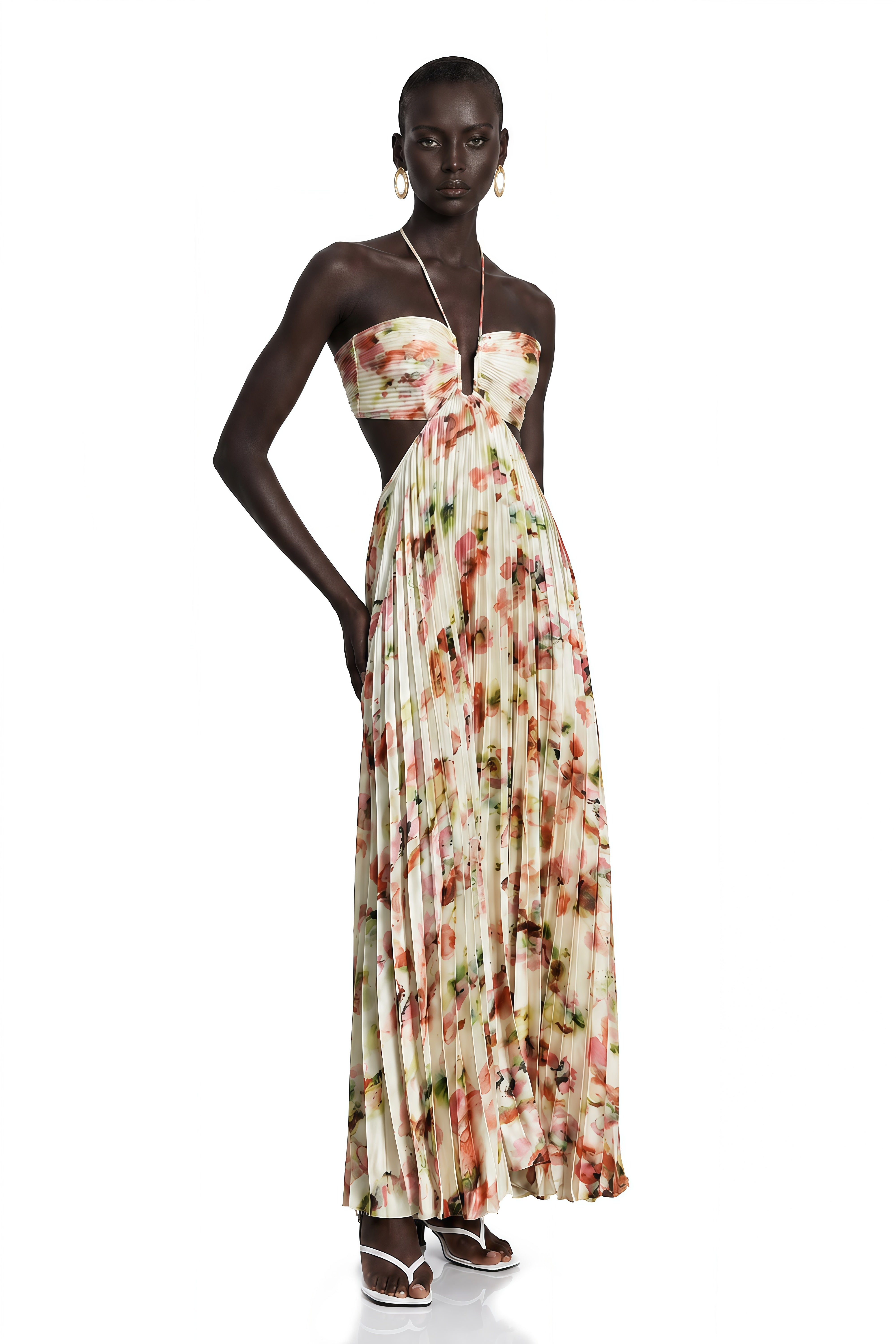 Floral pleated halter gown with side cutouts