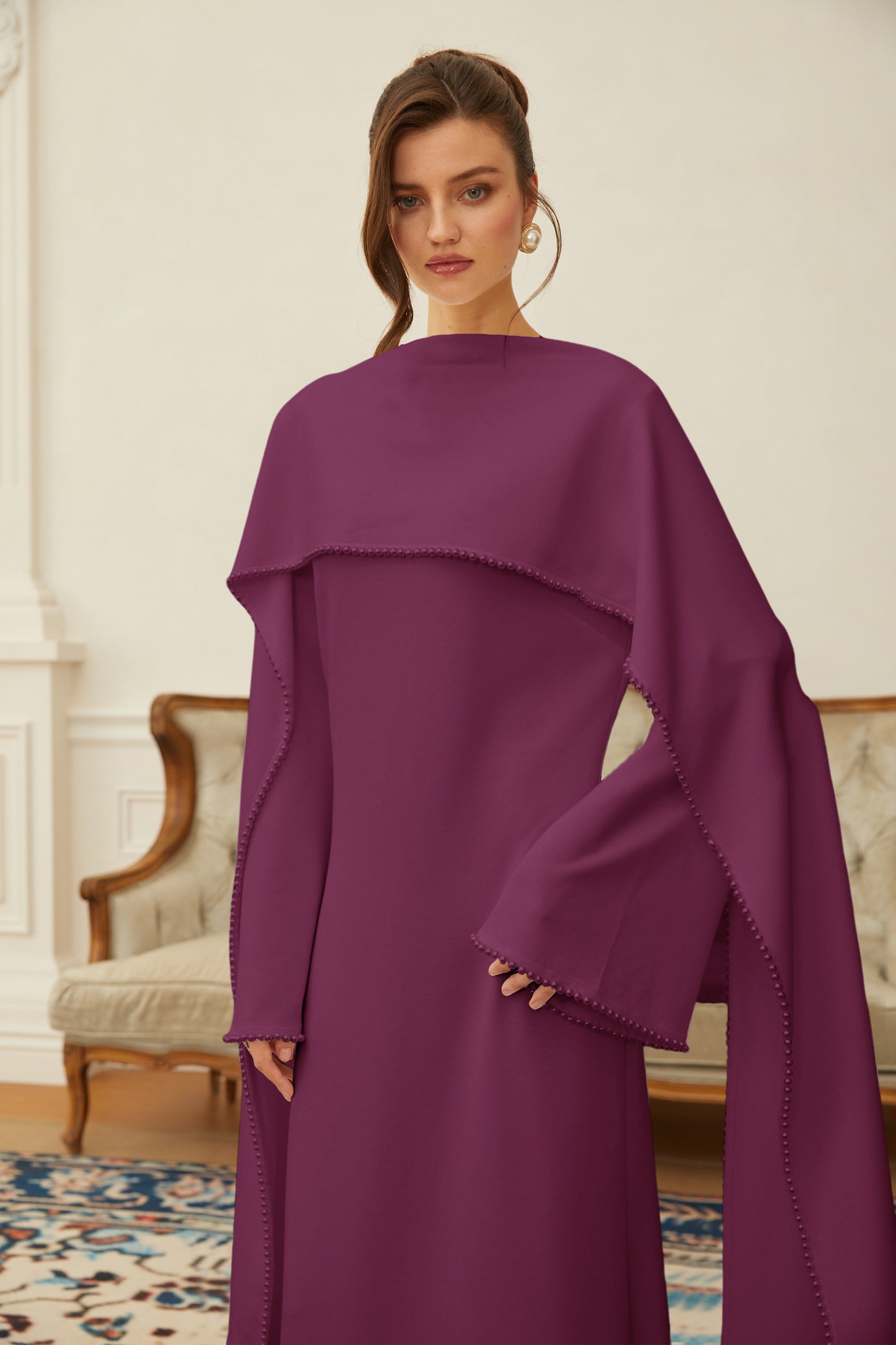 Pearl Trim Shawl Detail Maxi Dress