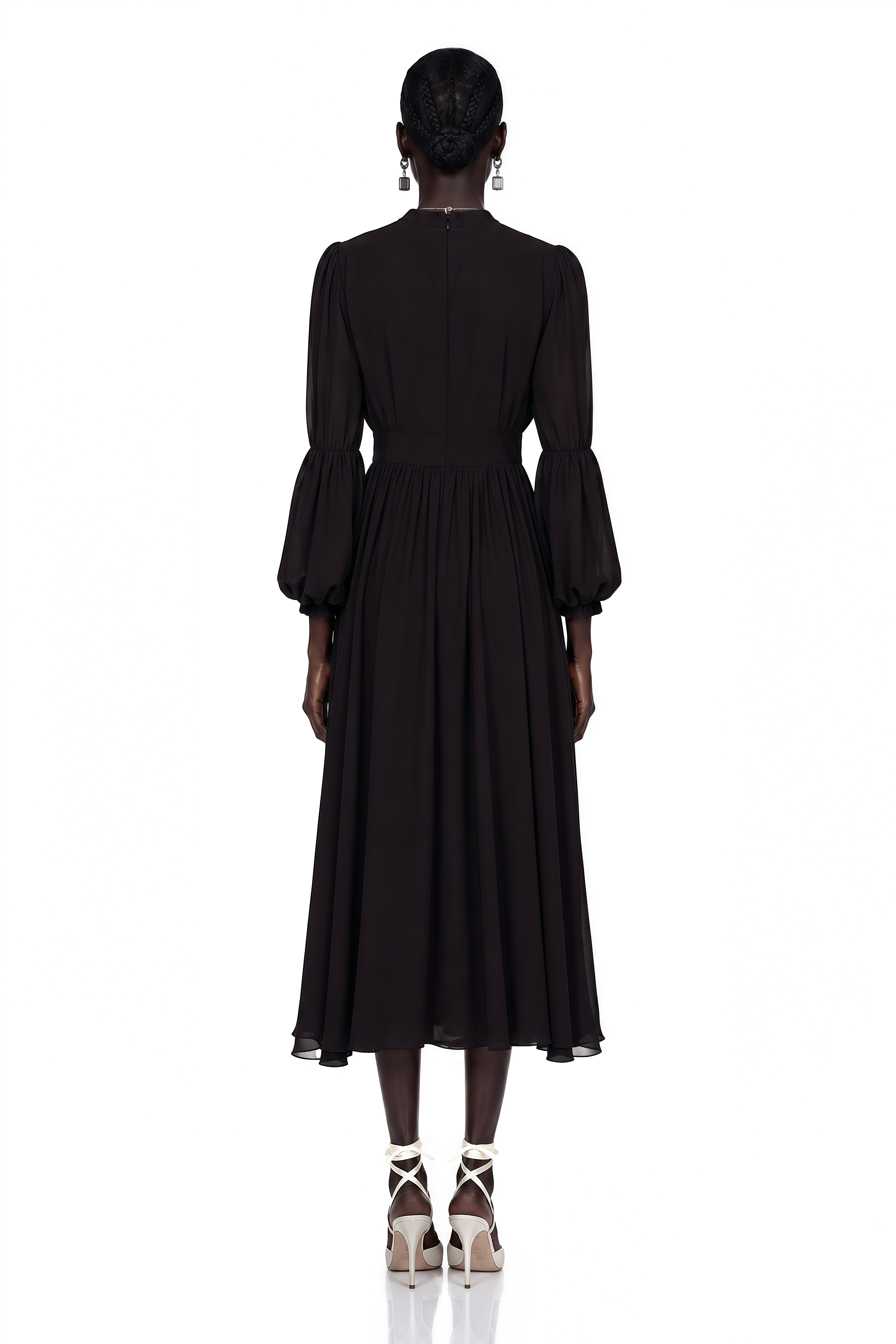 Black pleated midi dress with gold button details