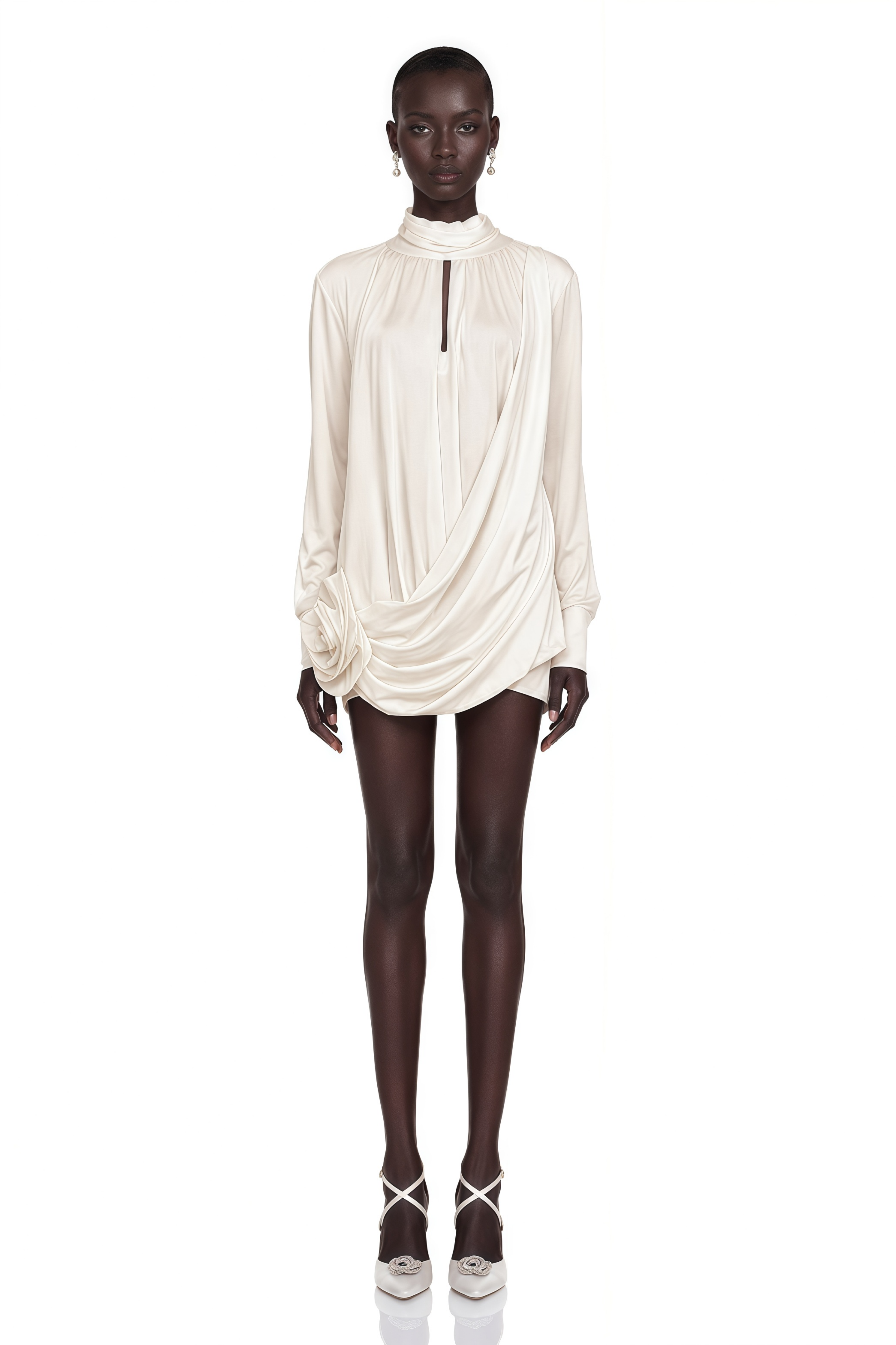 Maeva Faux-Flower Ruched Mini Dress in White