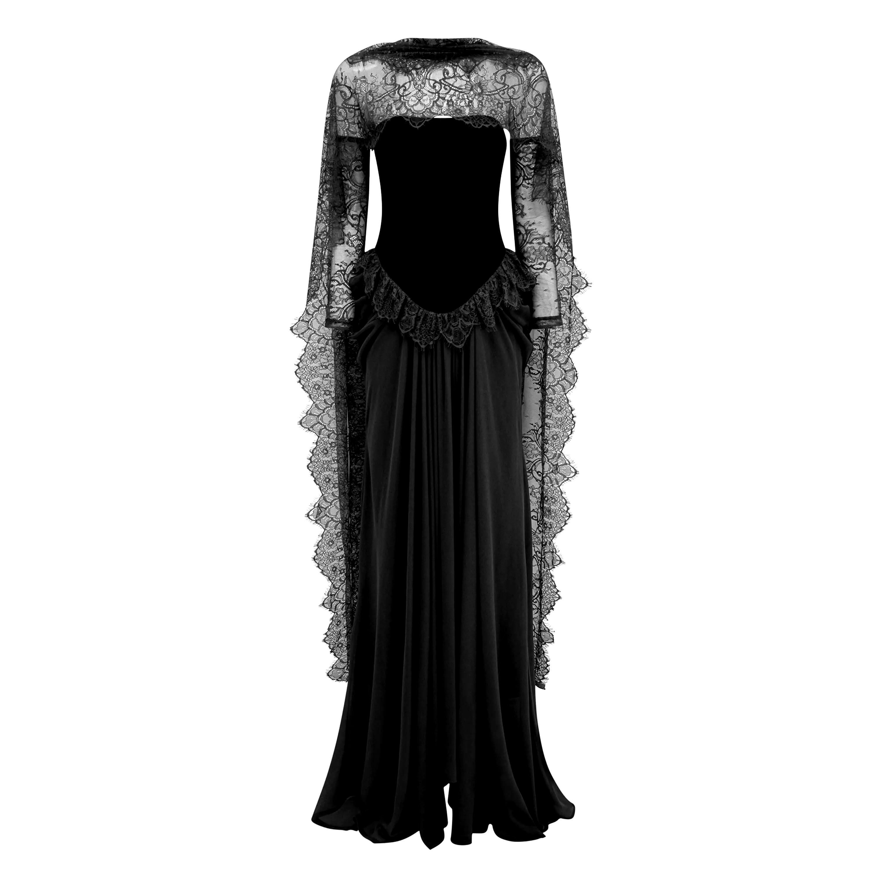 Seraphina Black Floral Lace Maxi Dress with Cape