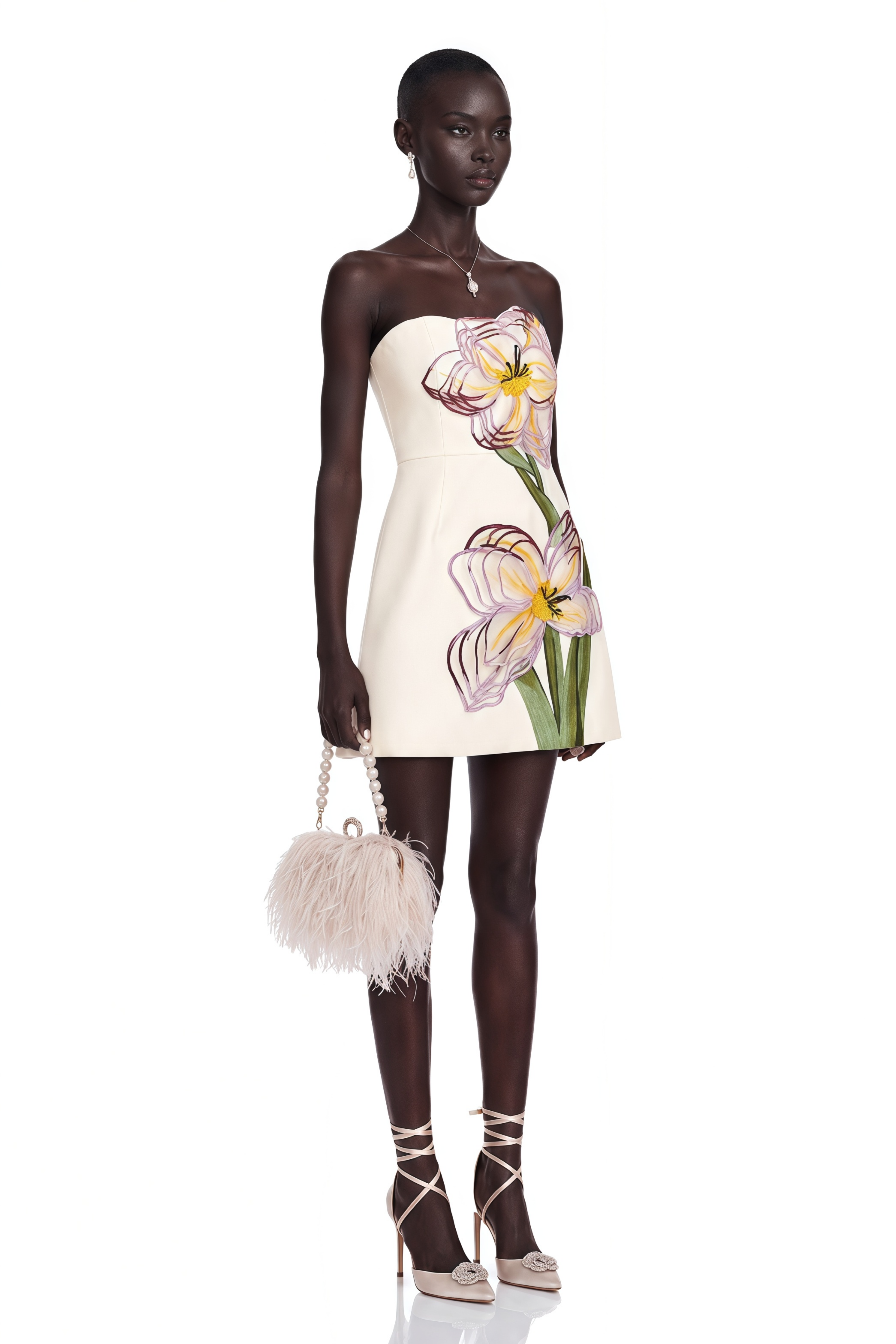 Irène White Off-Shoulder Sequin Floral Embroidered Mini Dress