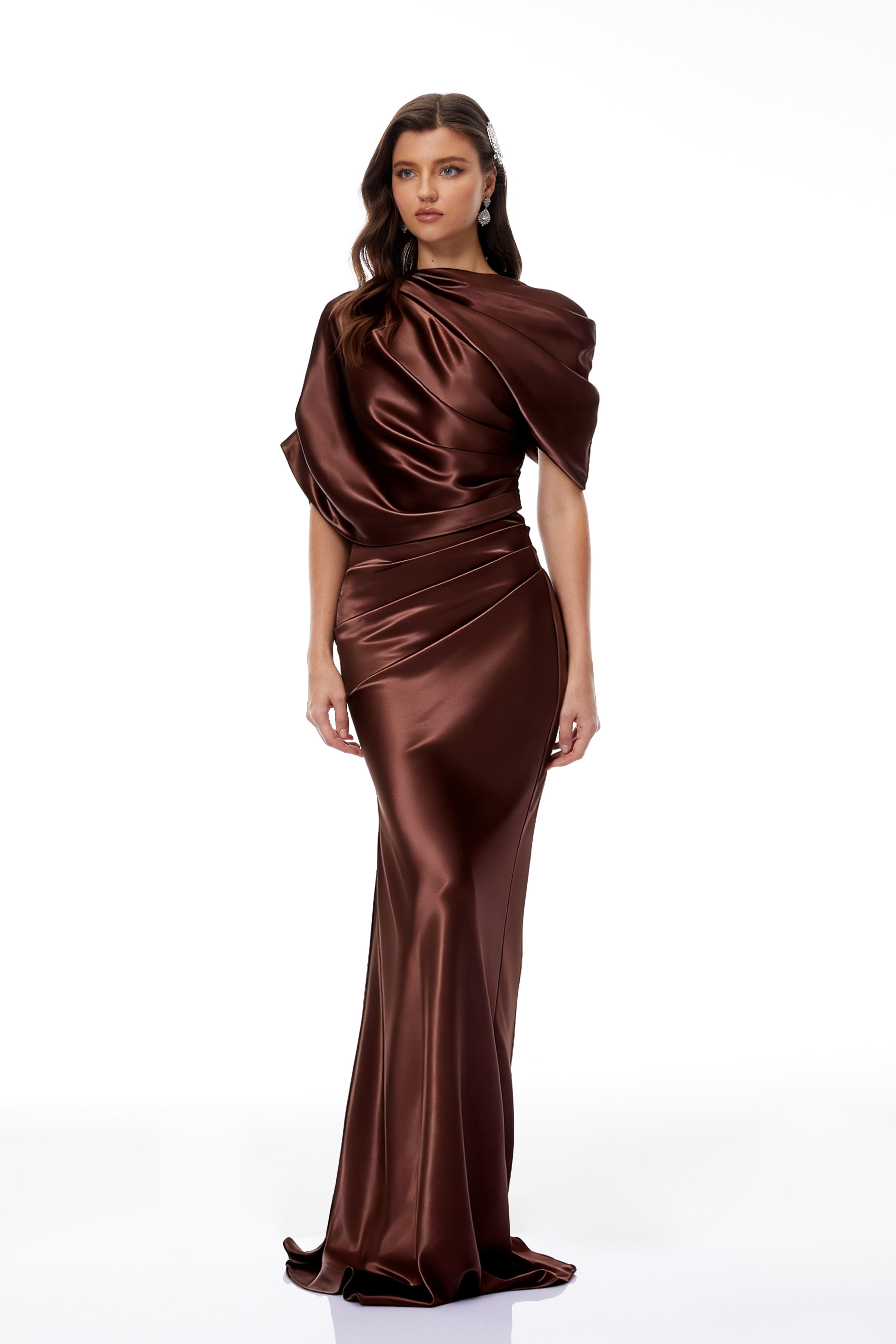 Asymmetrical Gathered Satin Maxi Dress