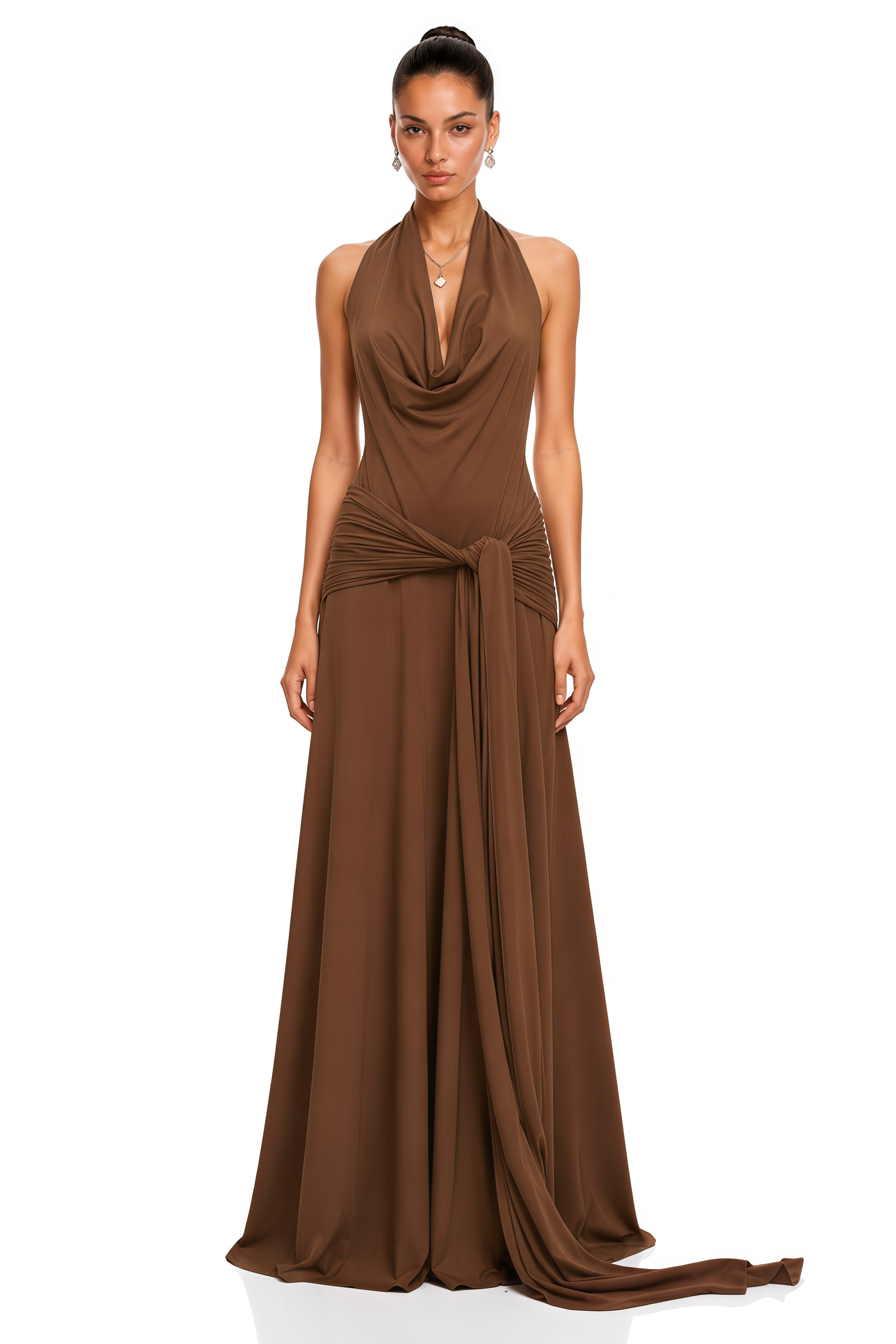 Minna Brown Halterneck Twisted Maxi Dress