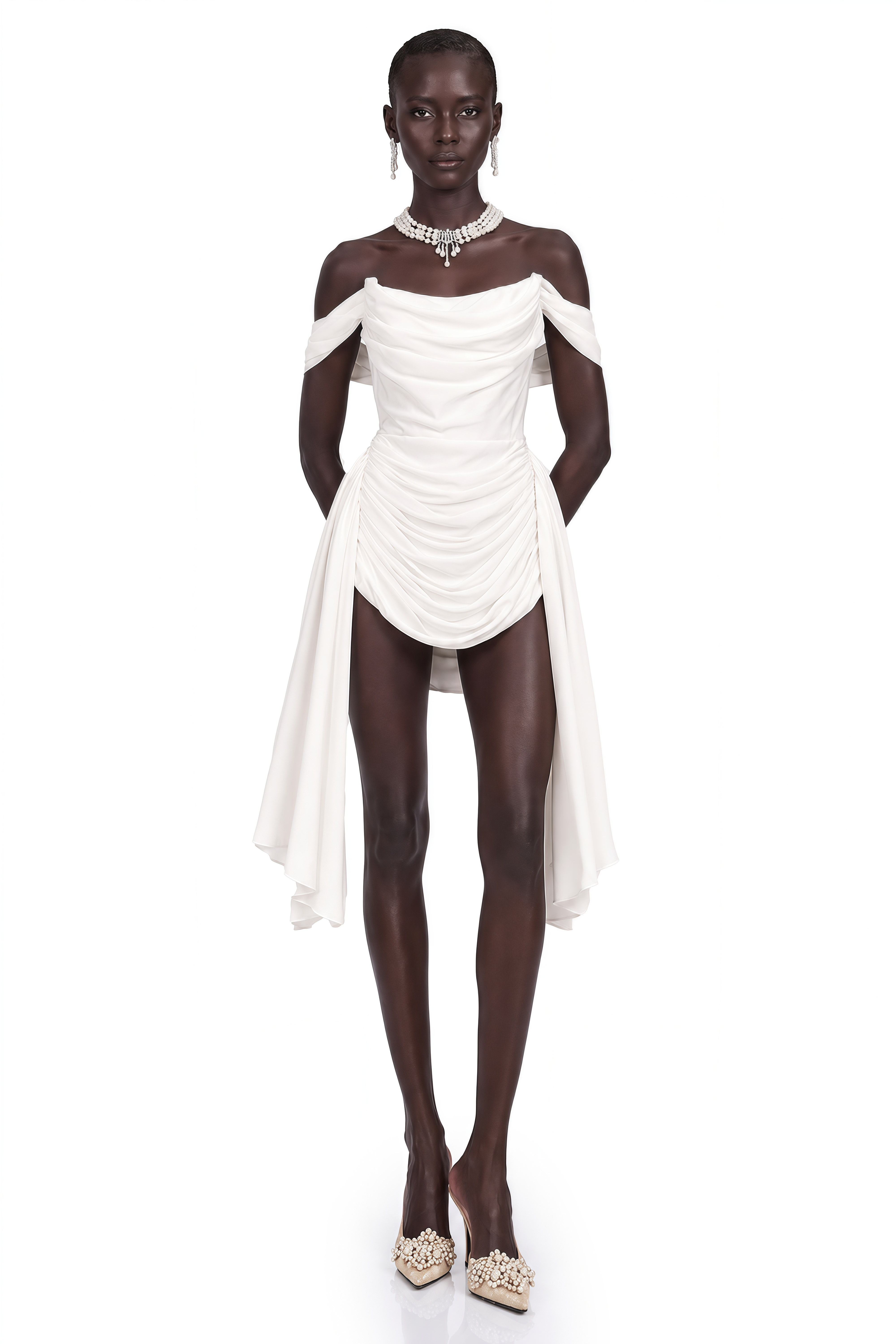 White off-the-shoulder draped mini dress with side panels