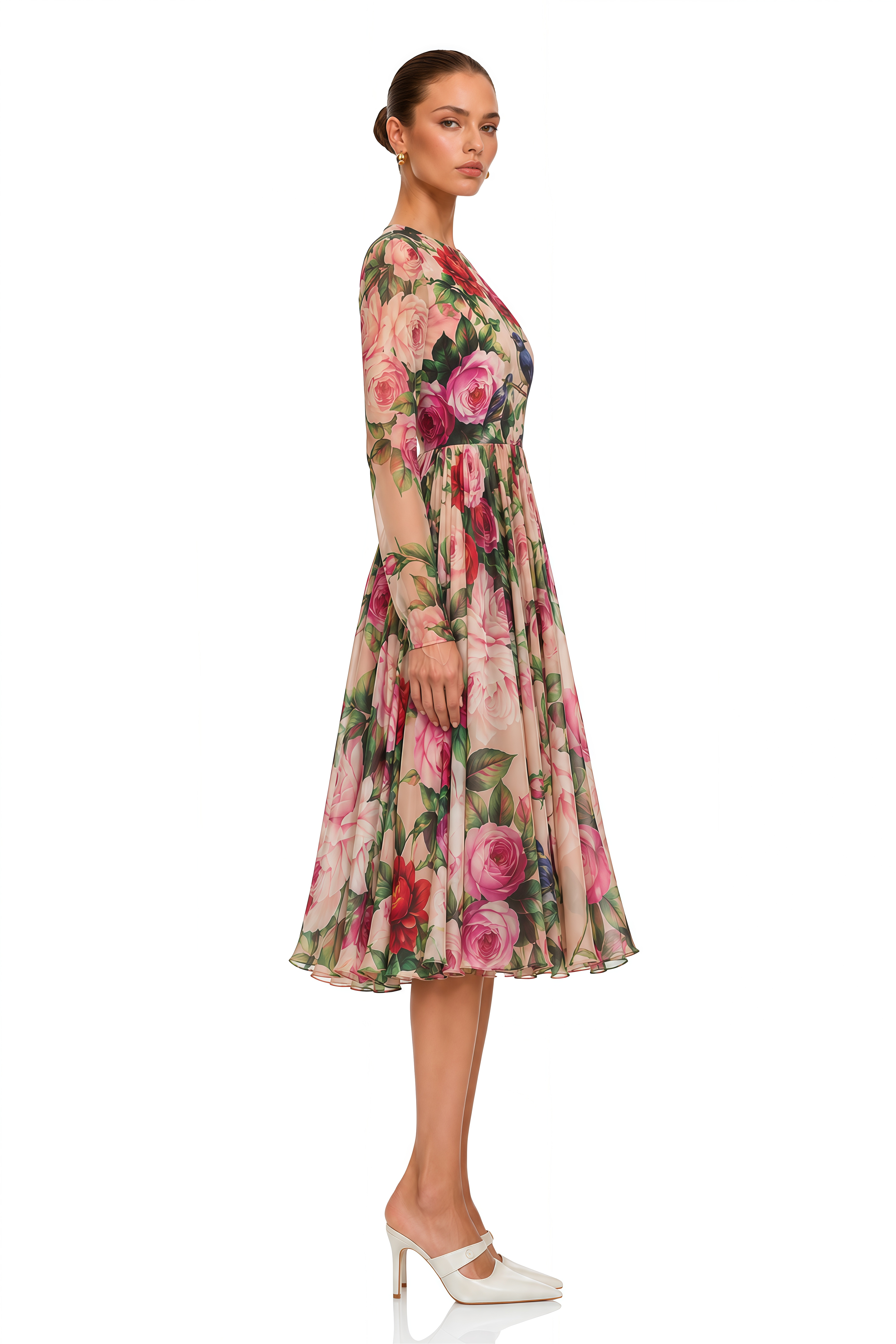 Coralie Pink Rose Print Summer Silk Midi Dress