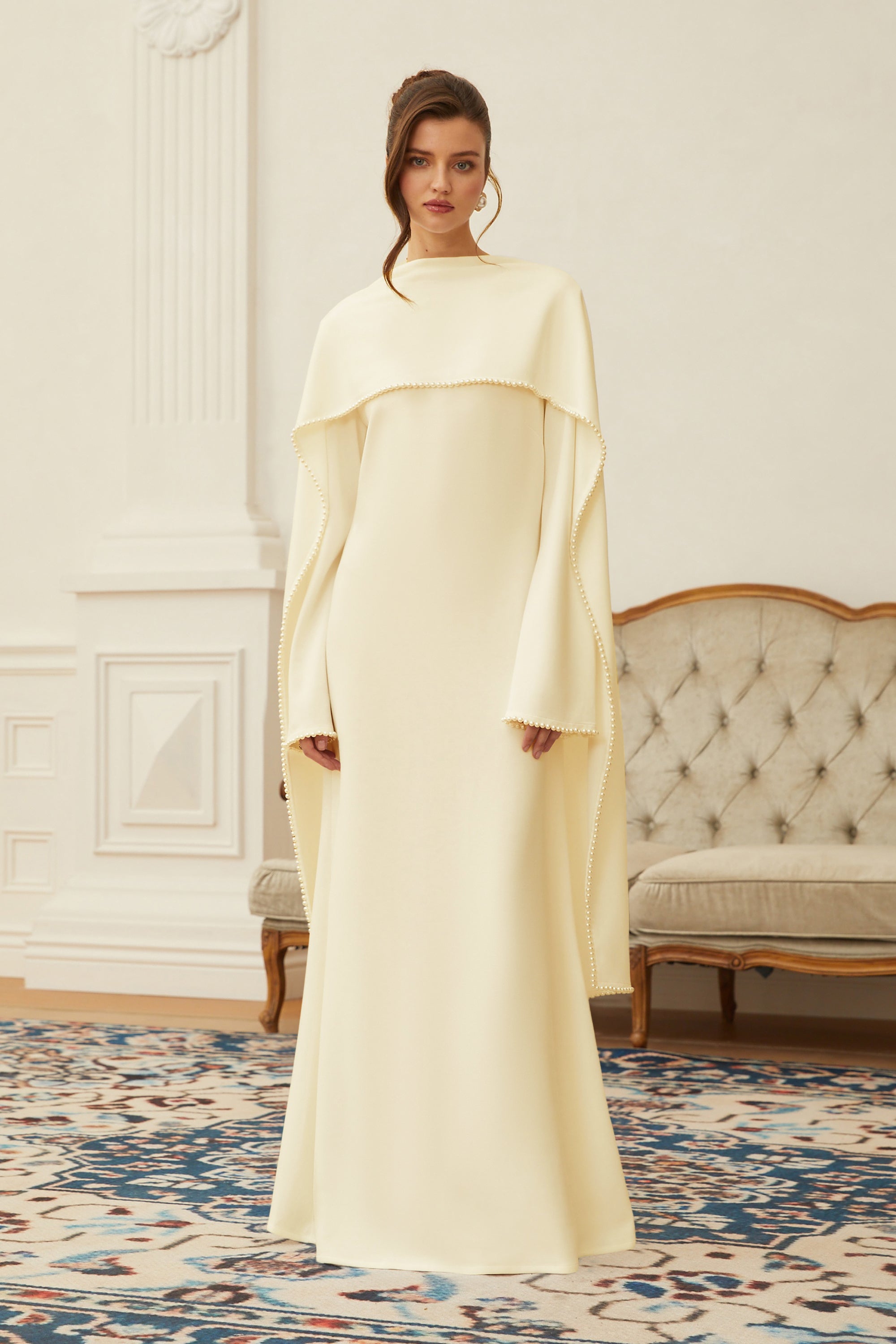 Pearl Trim Shawl Detail Maxi Dress