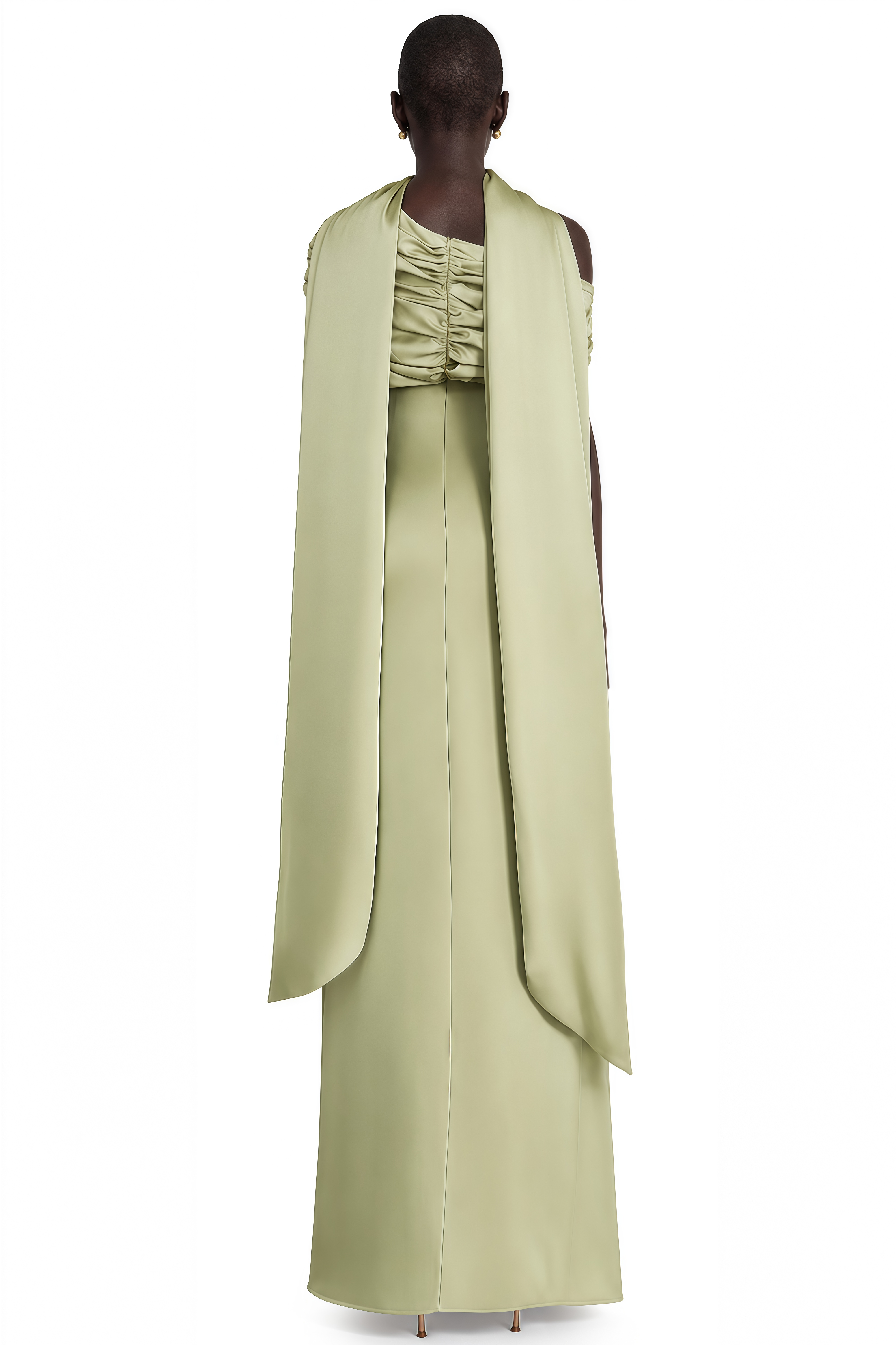 Light sage green draped satin gown with cape detail