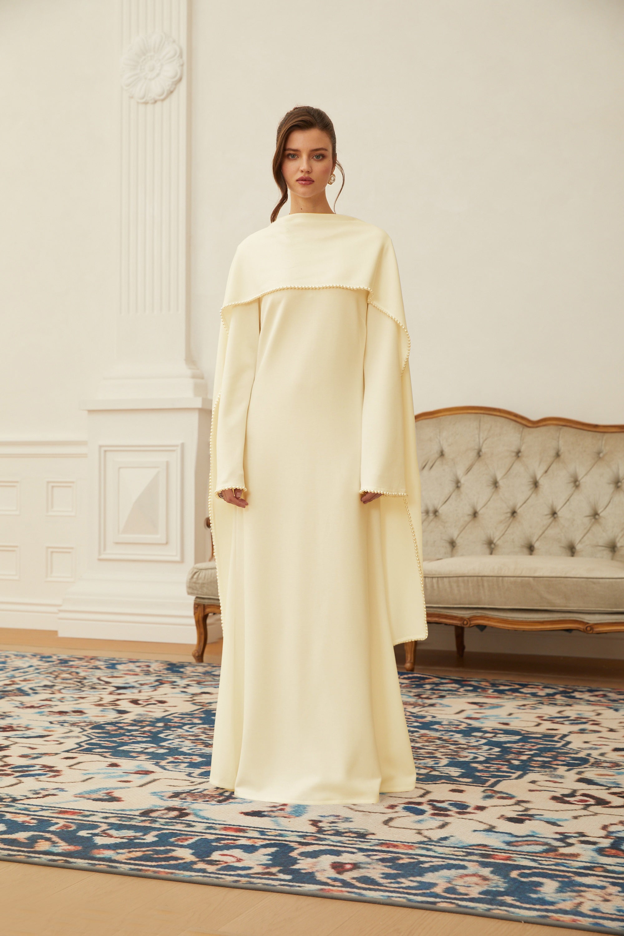 Pearl Trim Shawl Detail Maxi Dress