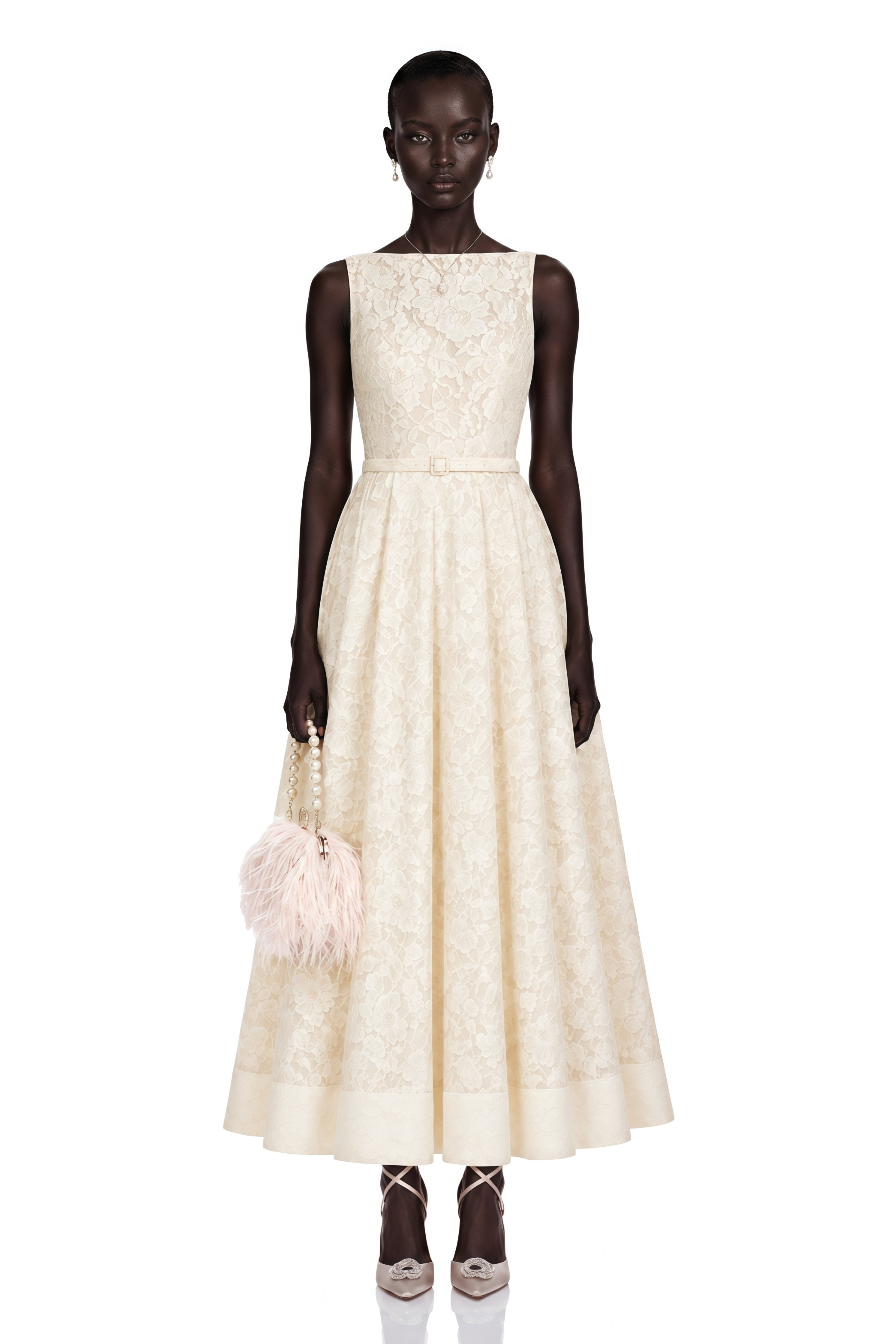 Golnar White Sleeveless Floral Lace Maxi Dress