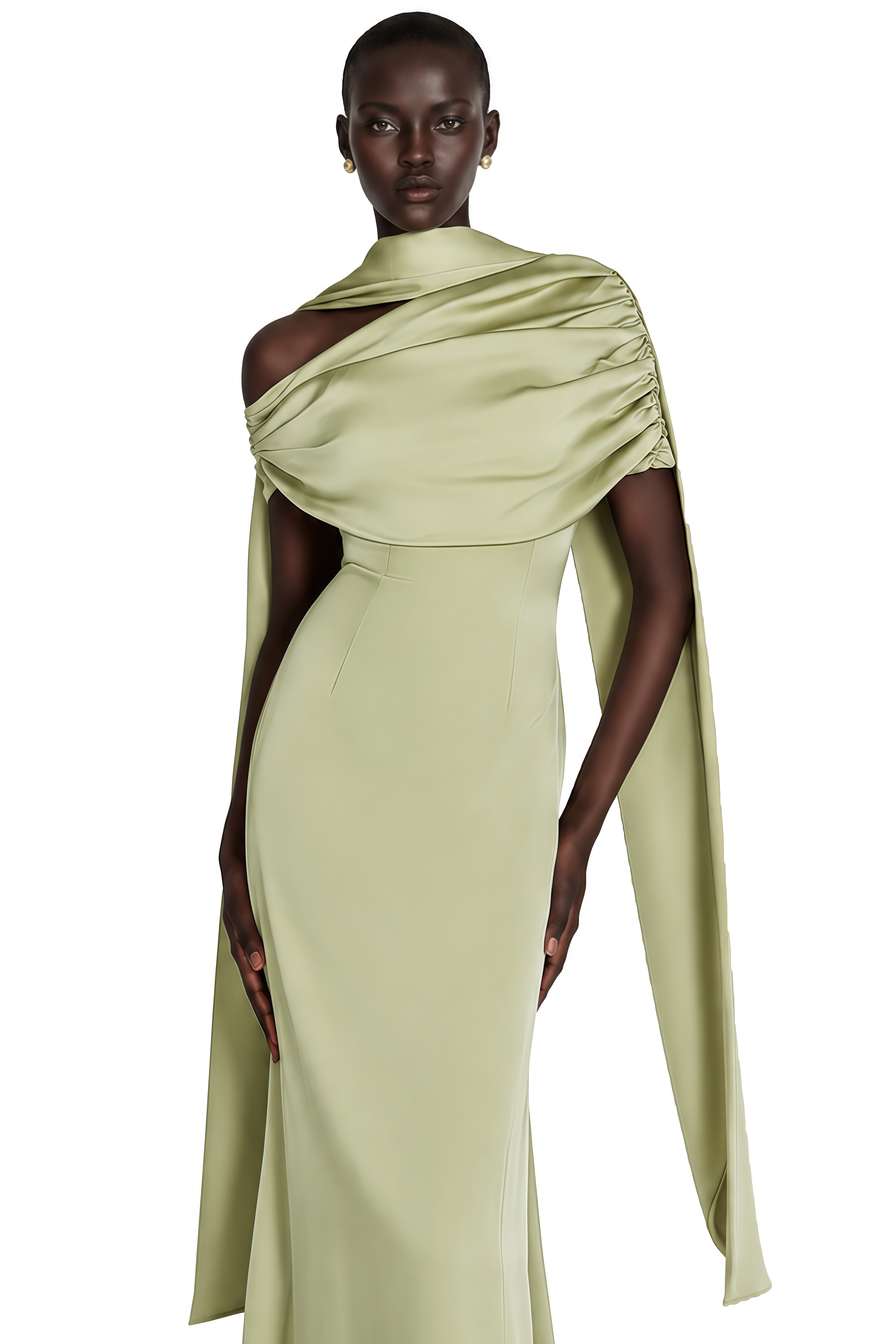 Light sage green draped satin gown with cape detail