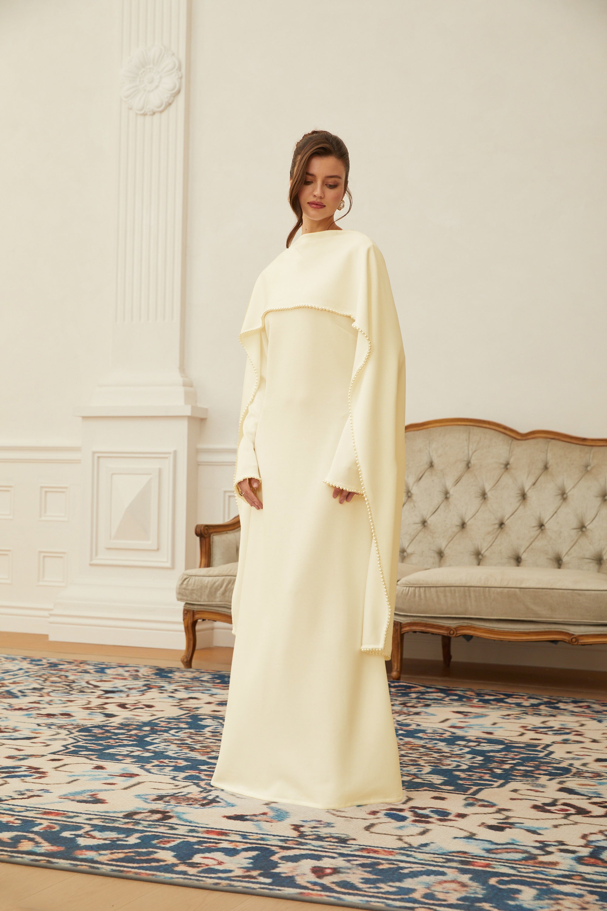 Pearl Trim Shawl Detail Maxi Dress