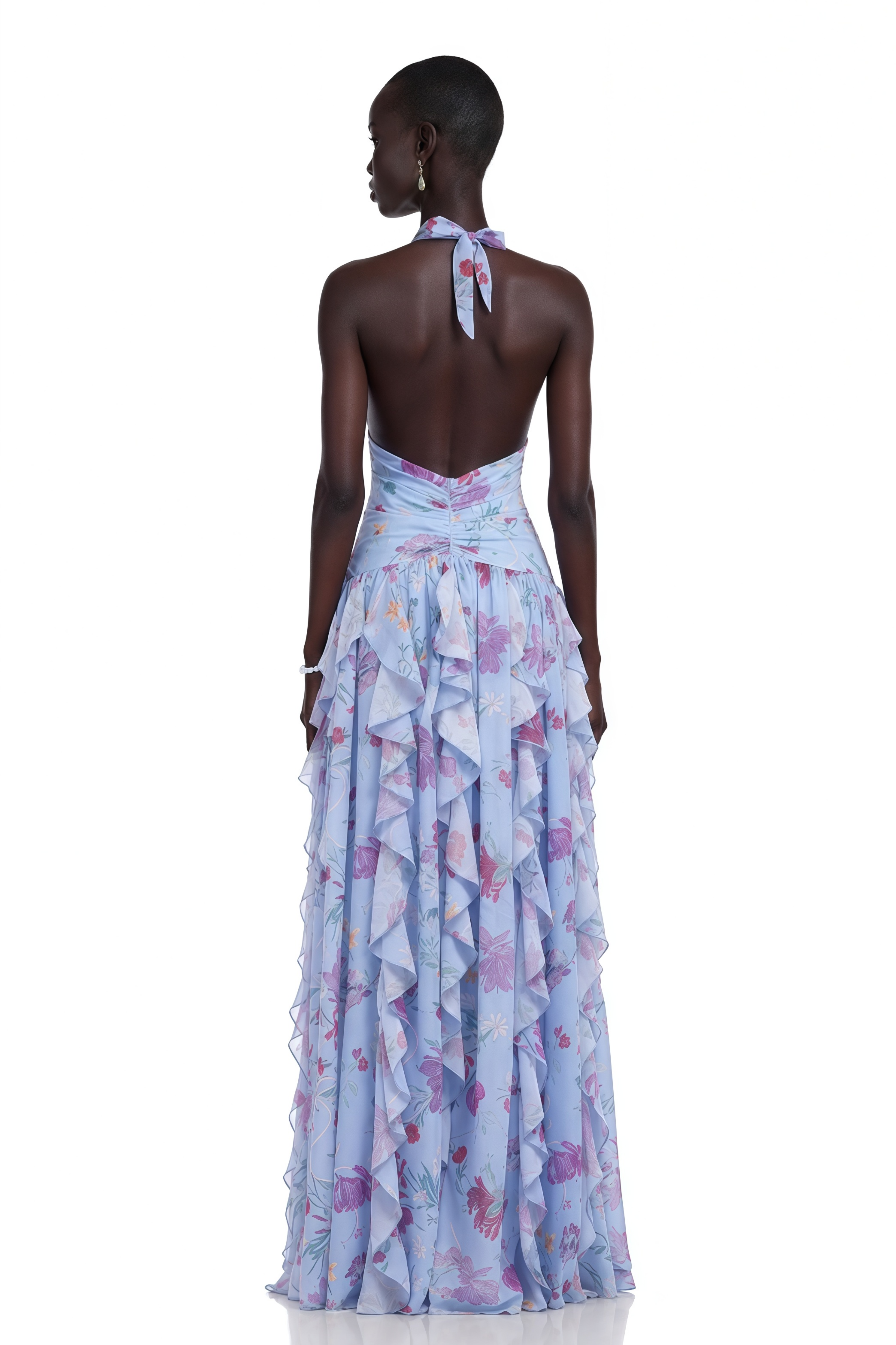 Thaïs Blue Ruffled Floral Print Maxi Dress