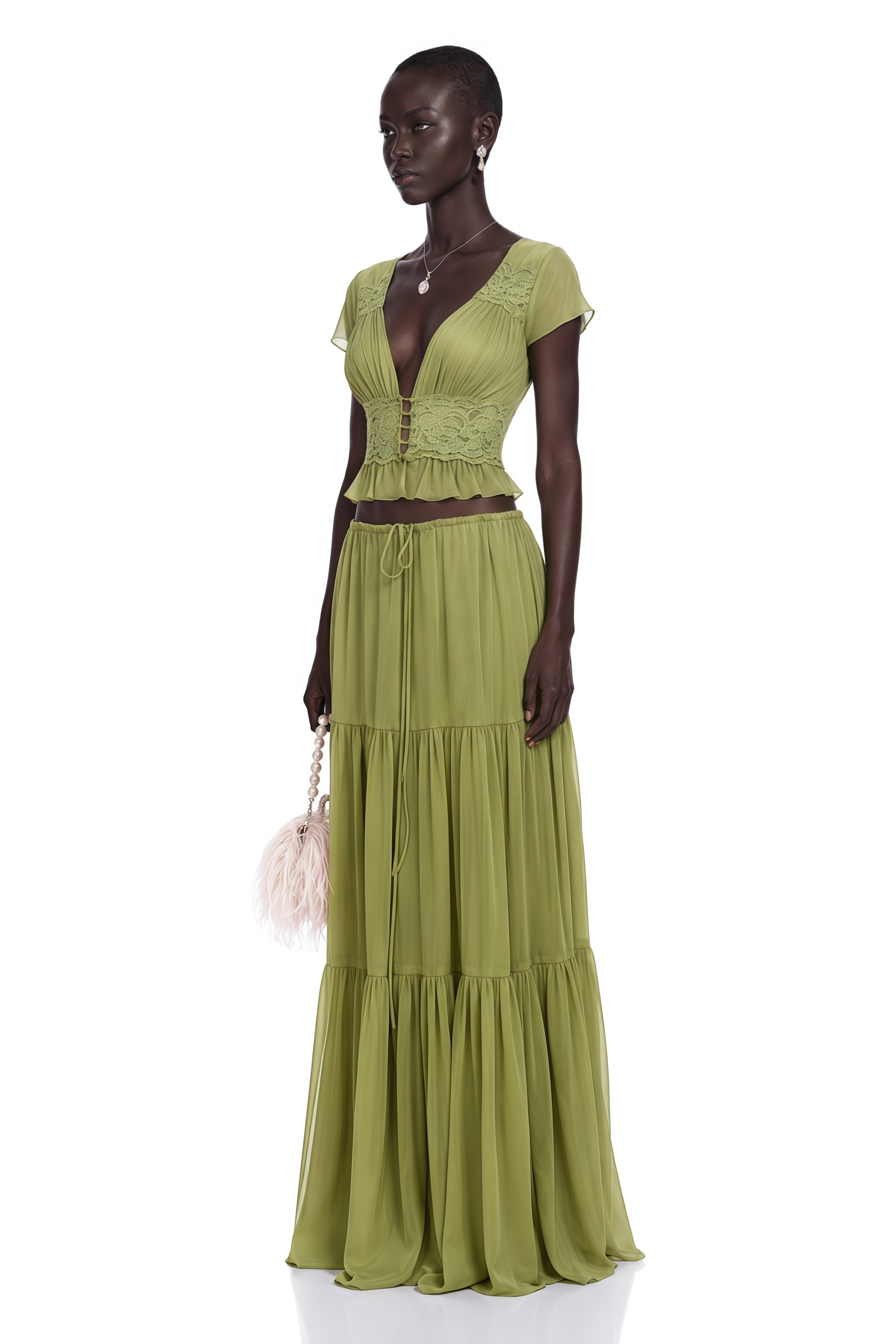 Pleiade Green Floral Lace Chiffon Top & Skirt Set