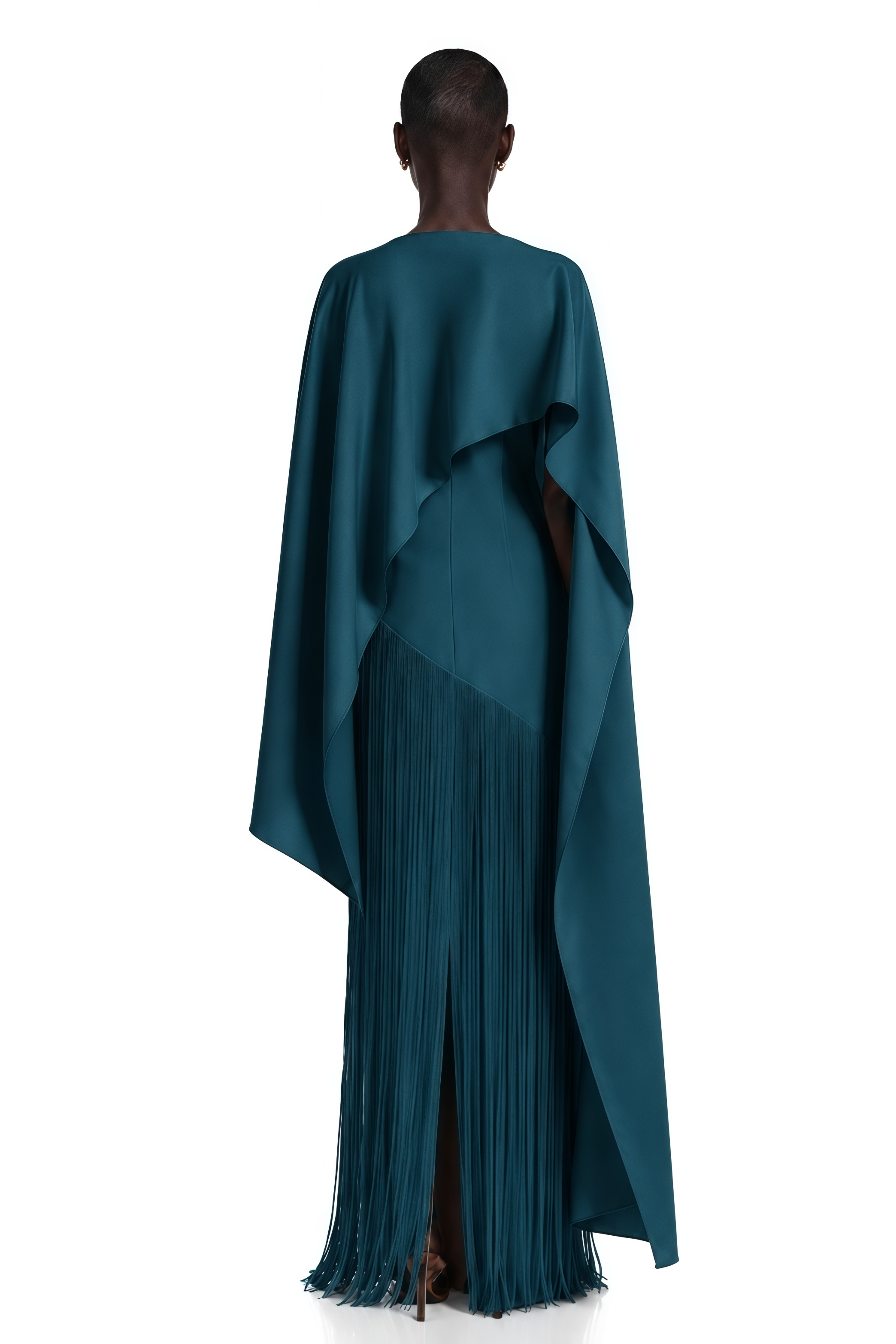 Cayetana Teal Fringe Maxi Dress with Cape Effect