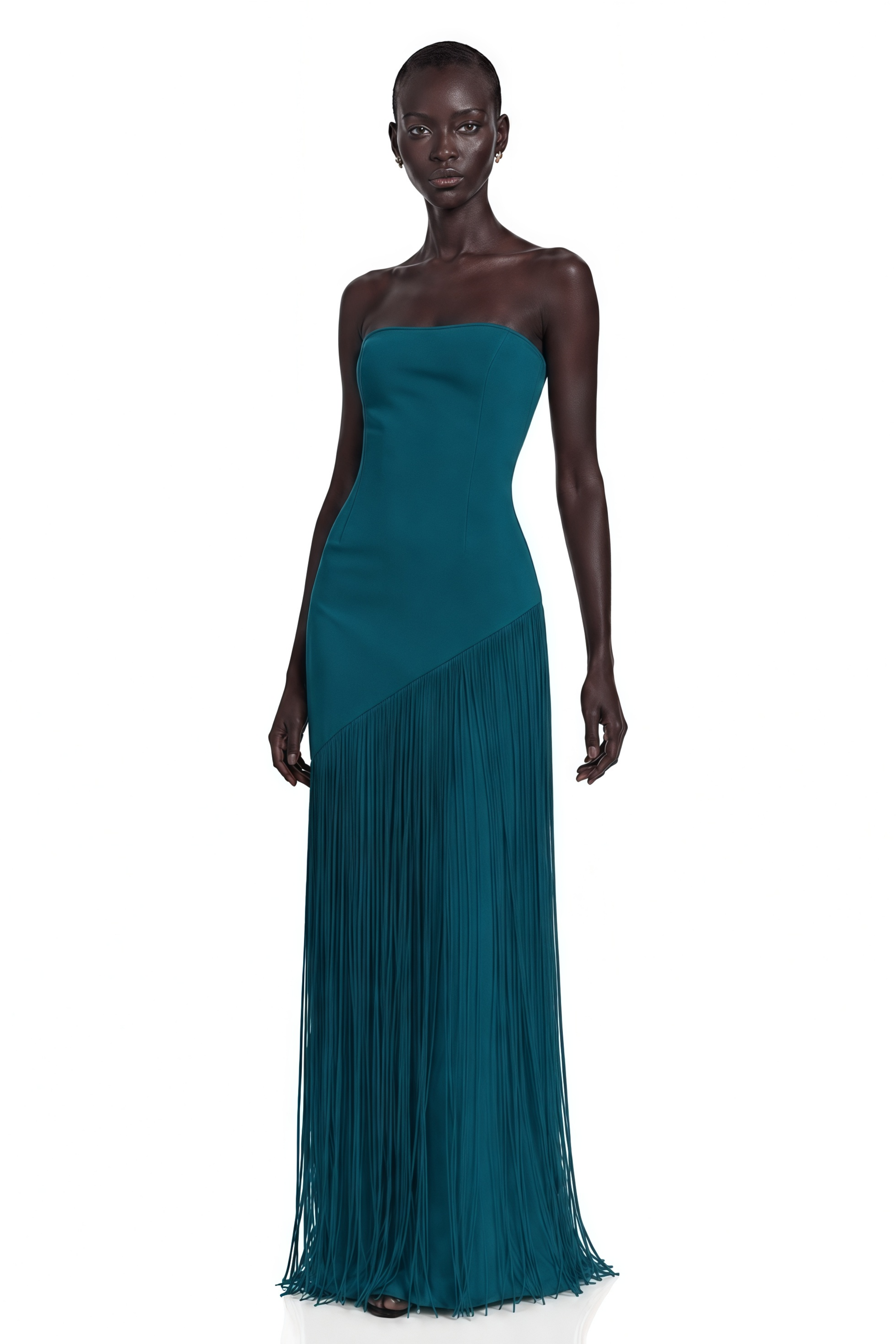 Cayetana Teal Fringe Maxi Dress with Cape Effect
