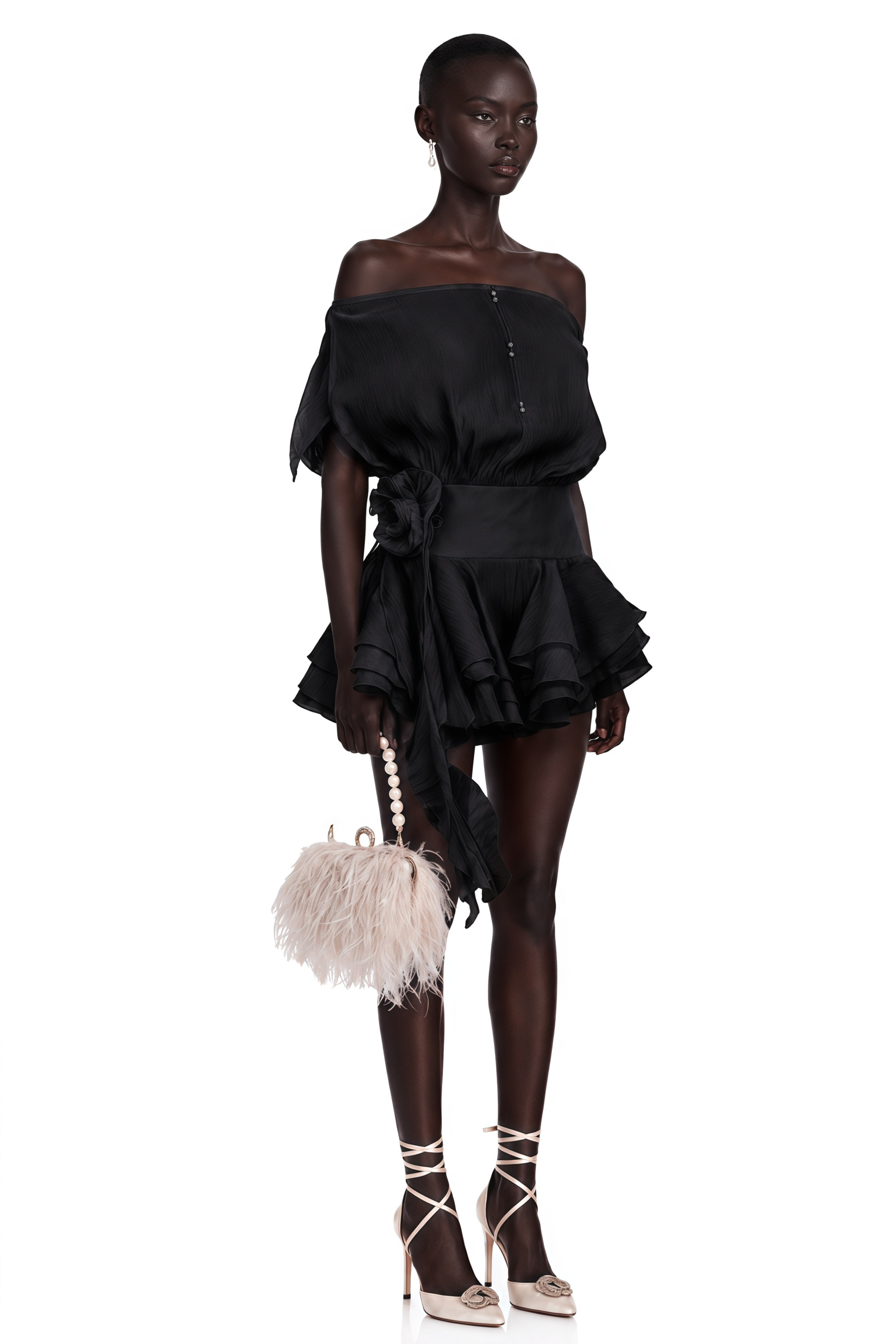 Amélie Black Floral Appliqué Flounced Mini Dress