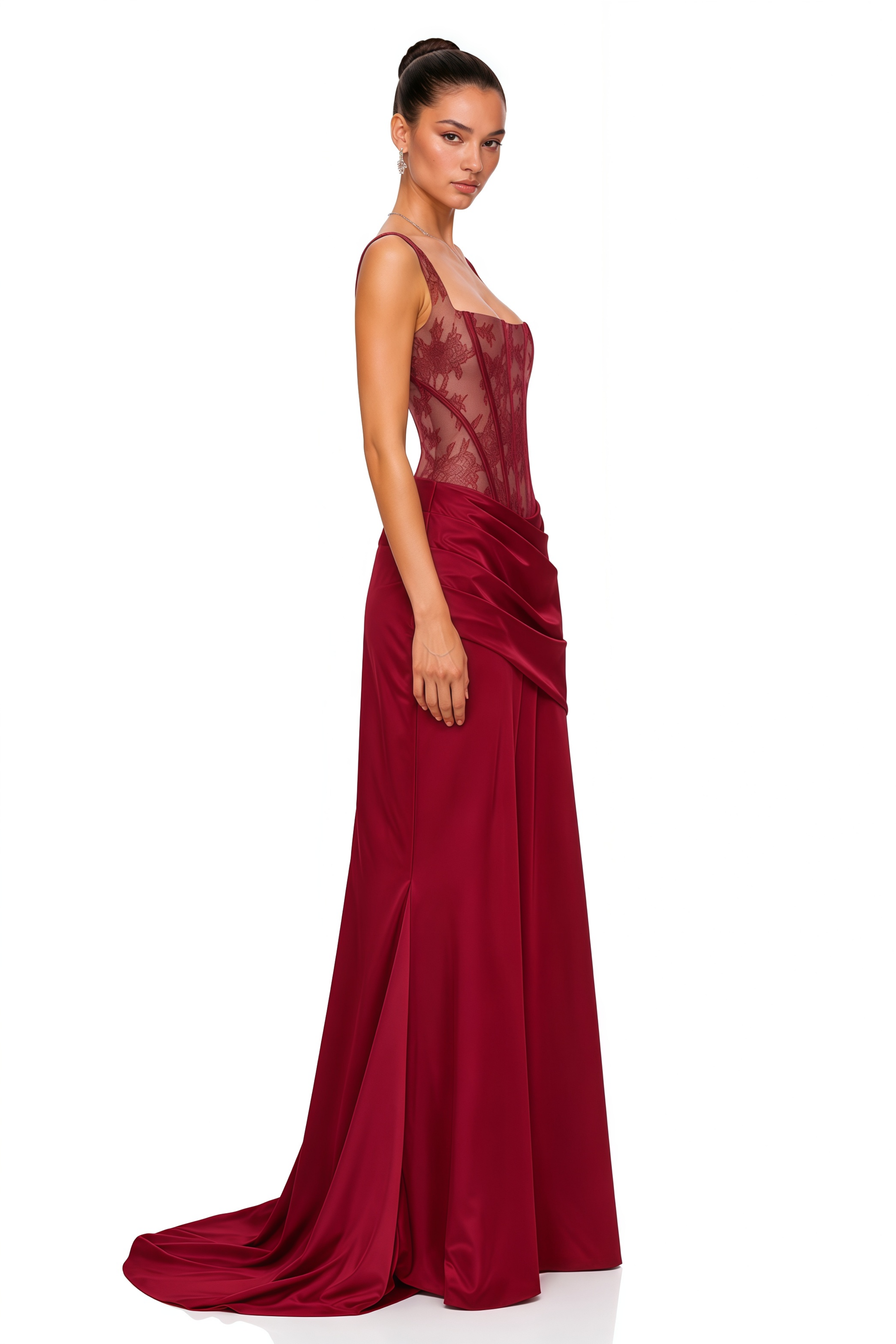 Olesya Red Lace Top & Ruched Skirt Set