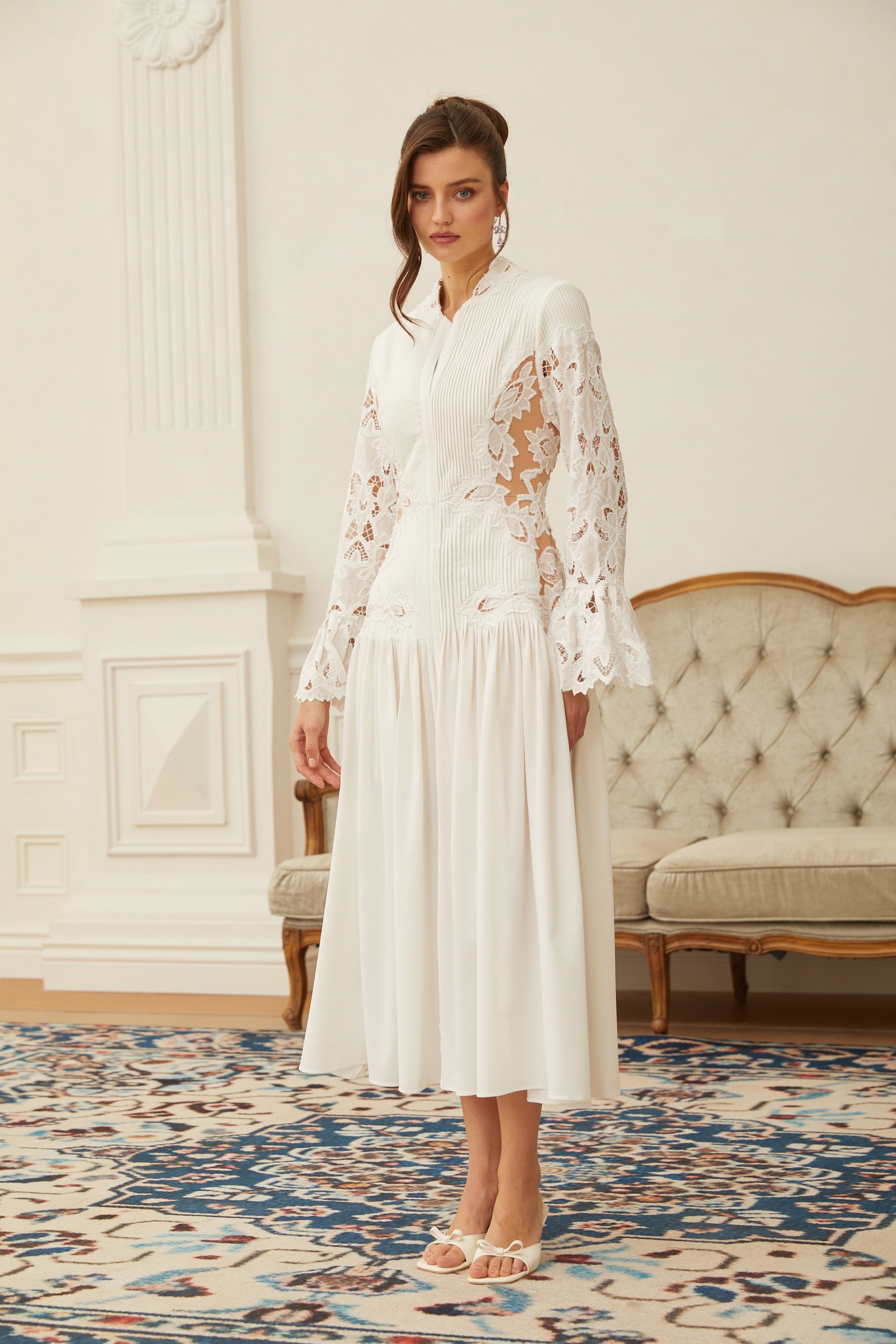 Chiara White Lace Panel Pleated Midi Dress – Miss Rosier - Women's