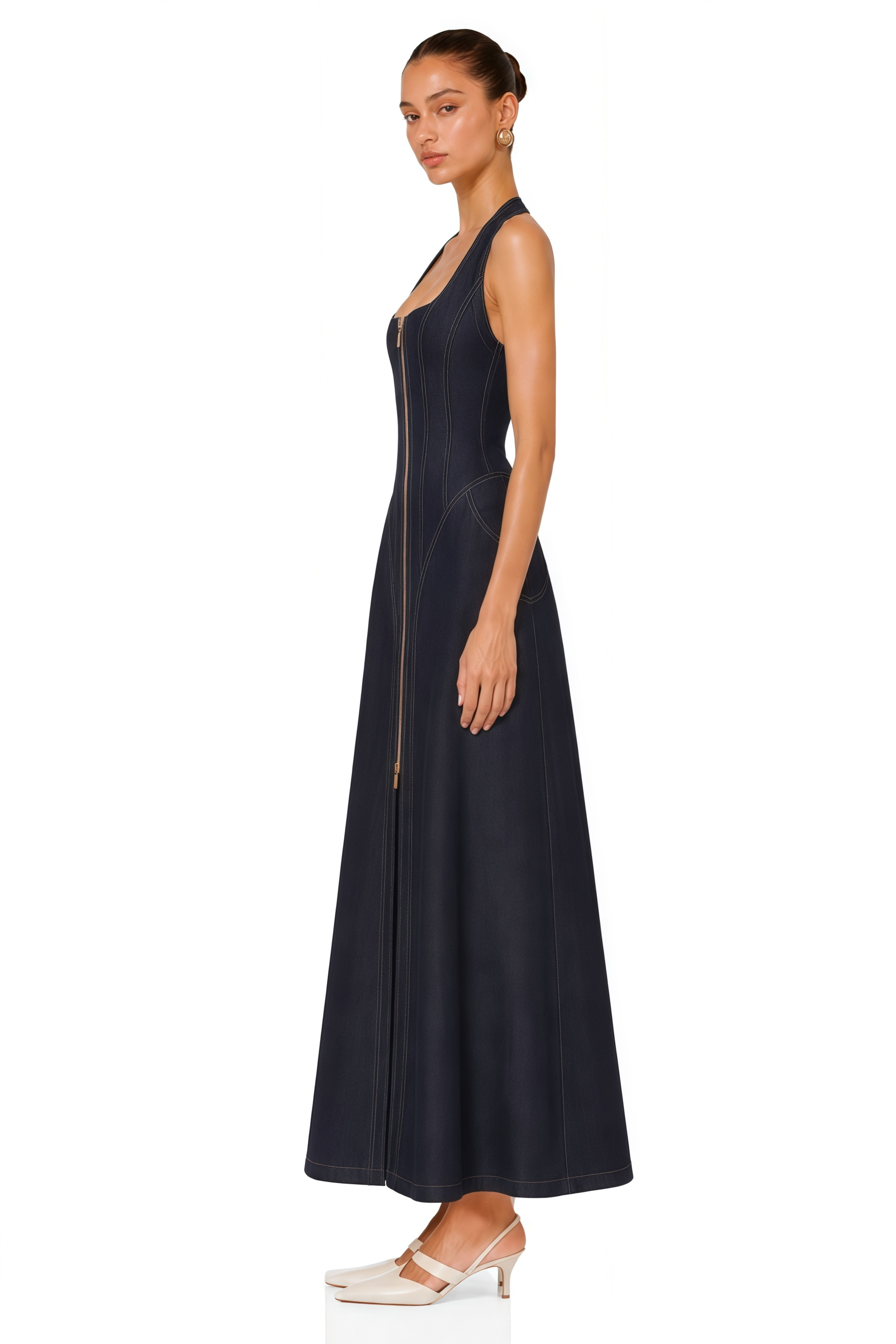 Adrienne Denim Front-Slit Contrast-Stitching Maxi Dress