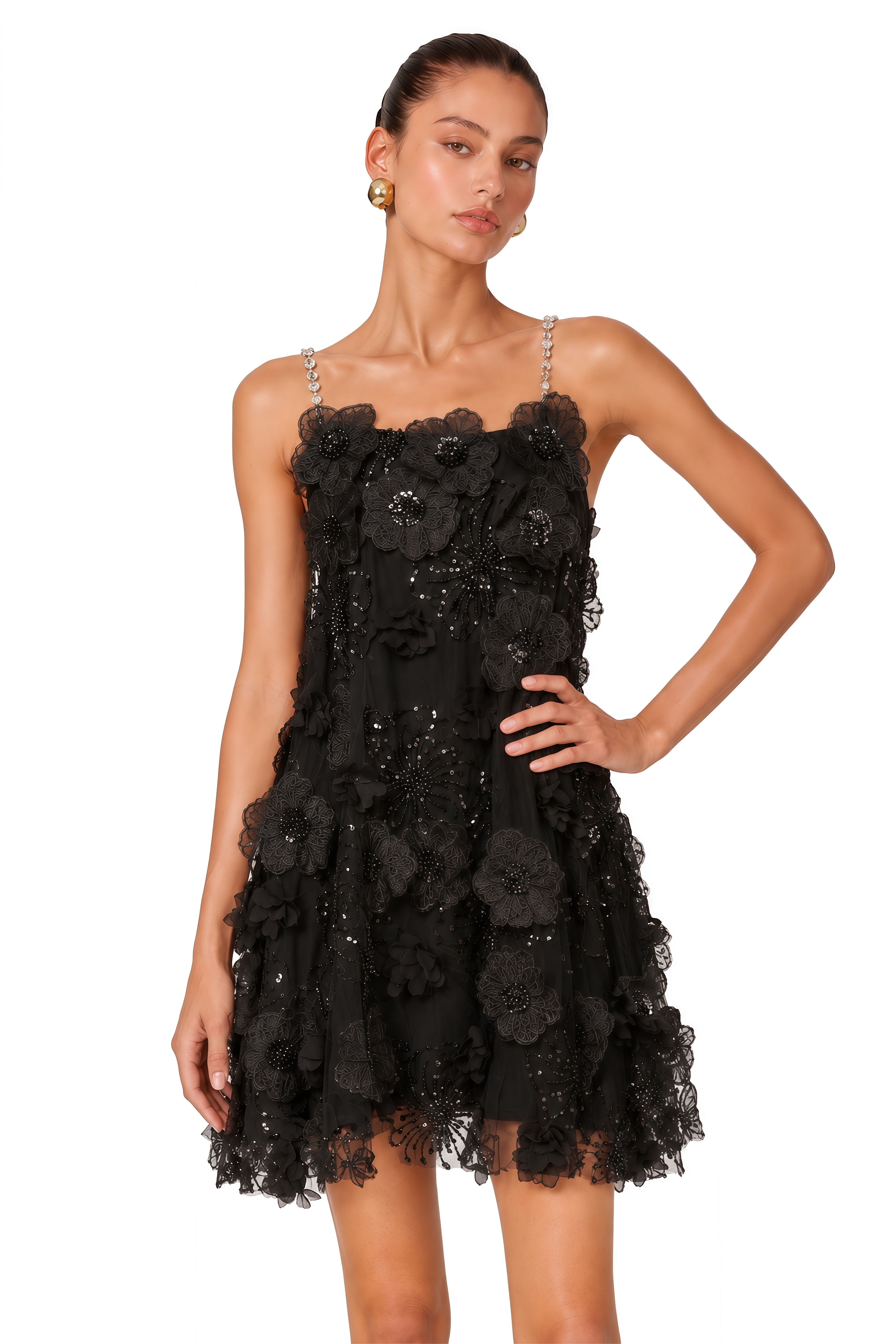 black mini dress with crystals Suzette Crystal-Embellished Floral in size:Small black/gold Black Halo Valoria Metallic 29/05