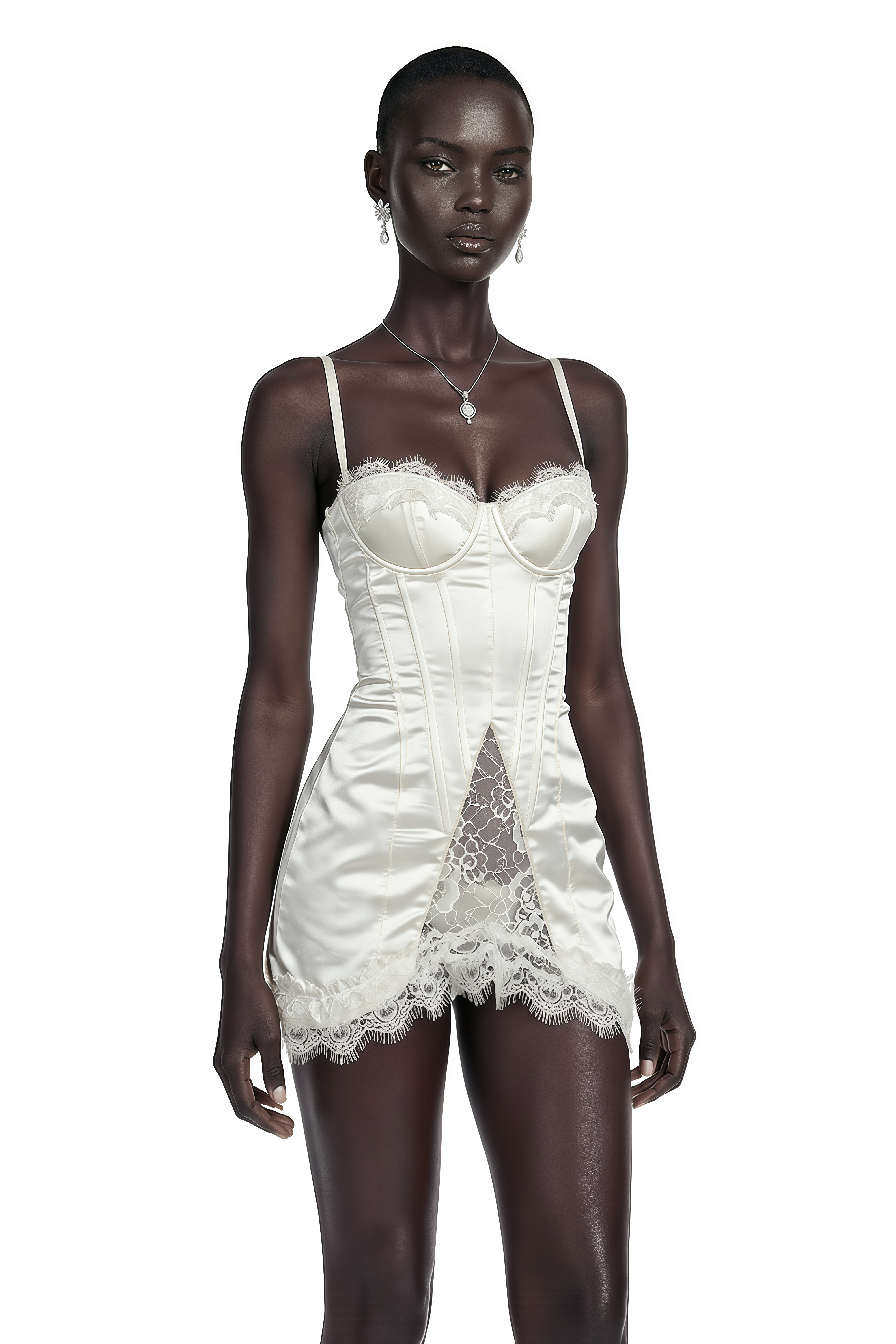 Juliette White Satin Mini Dress with Lace Panels