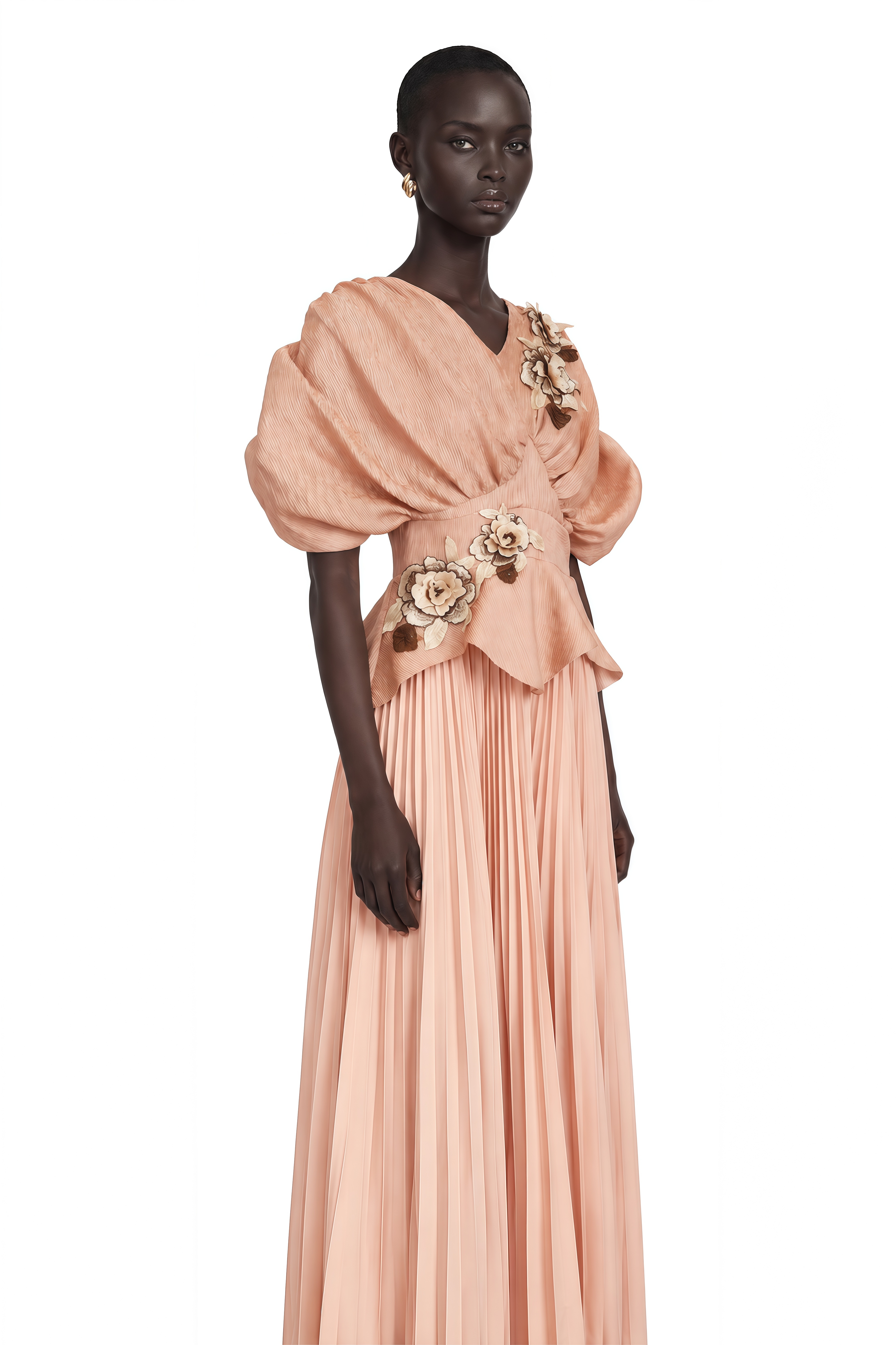 Camille Pink Floral Appliqué Pleated Maxi Dress