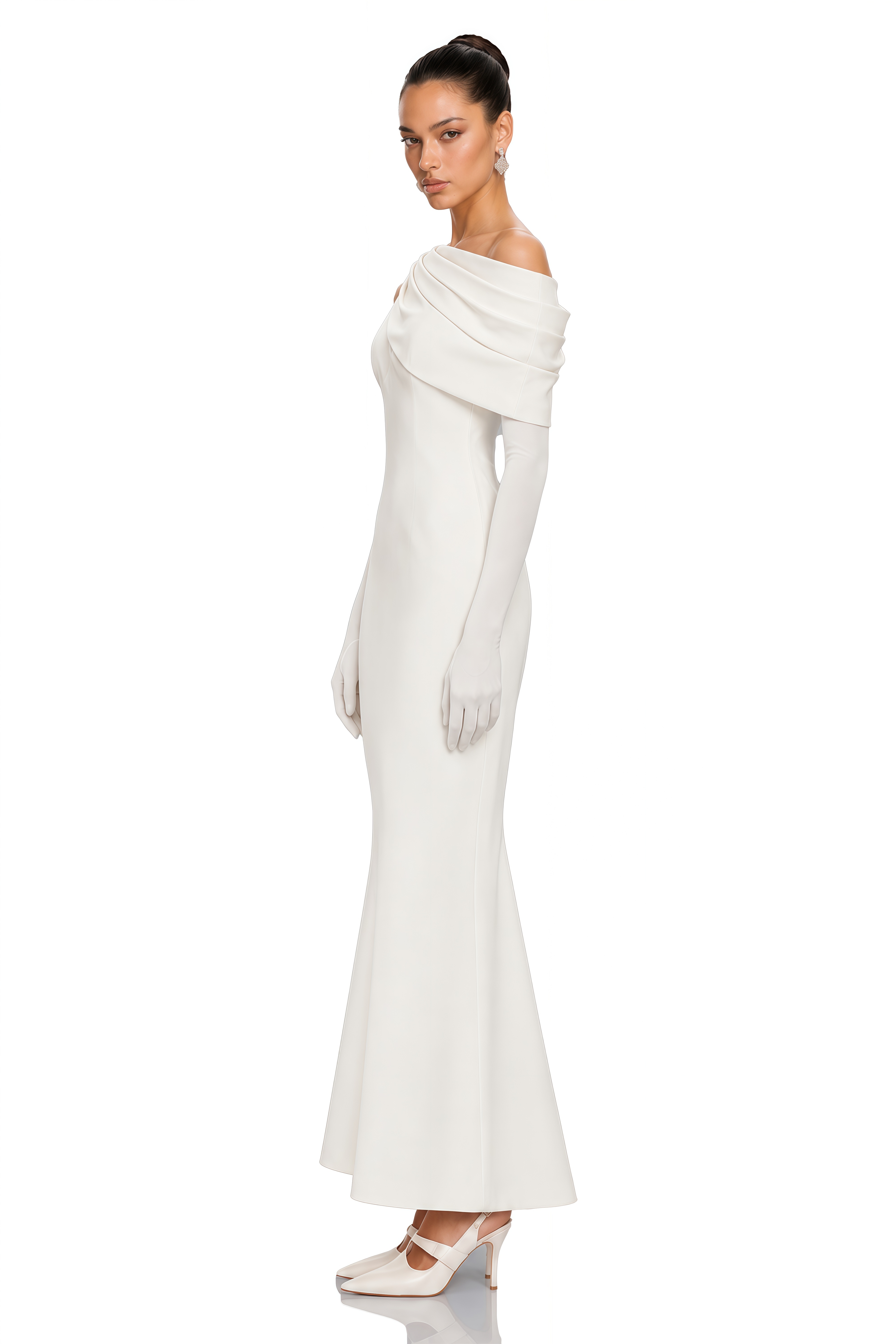 Annabelle White Cape-Design Ribbon Maxi Dress