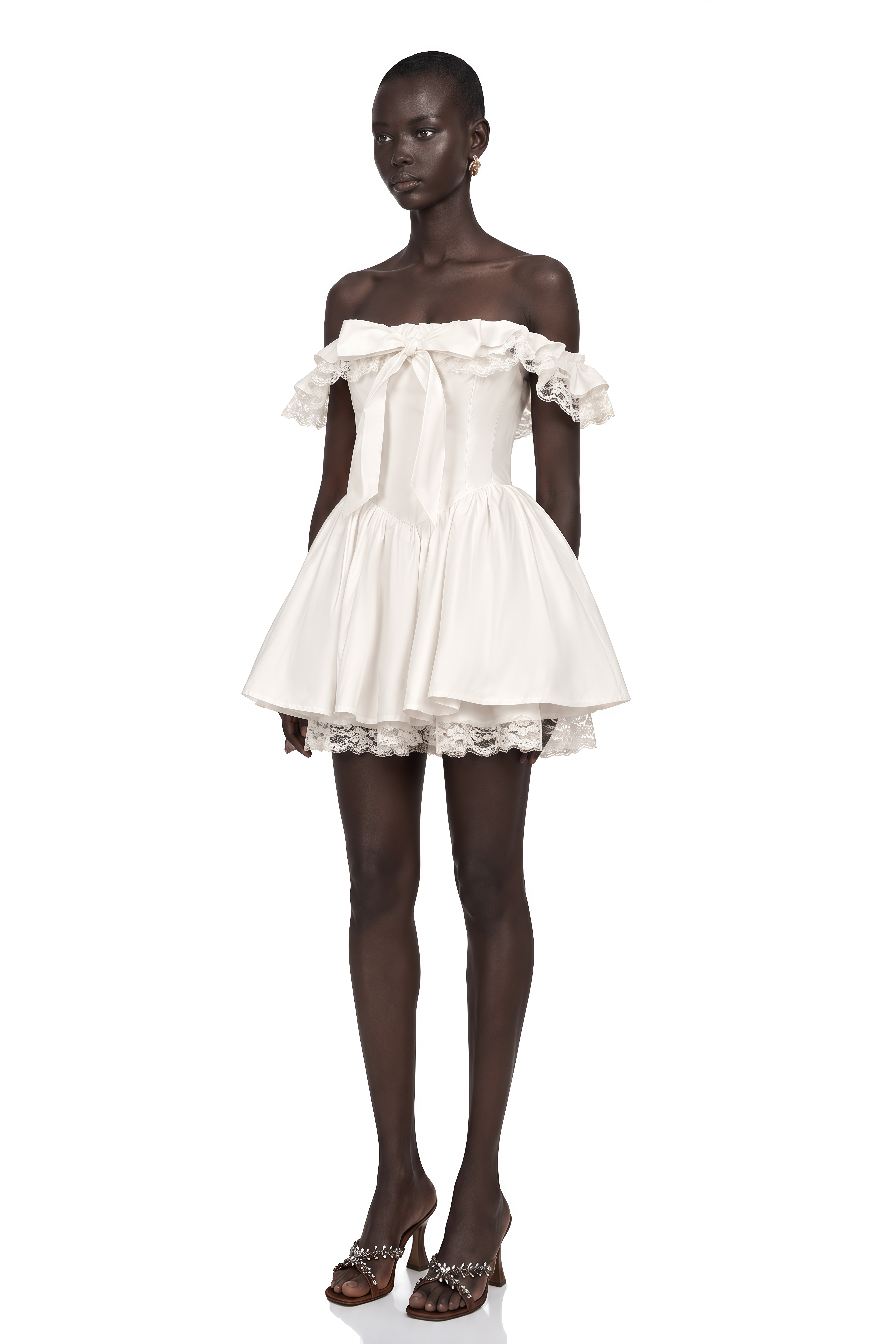 Arsène White Oversize-Bow Ruffled Mini Dress