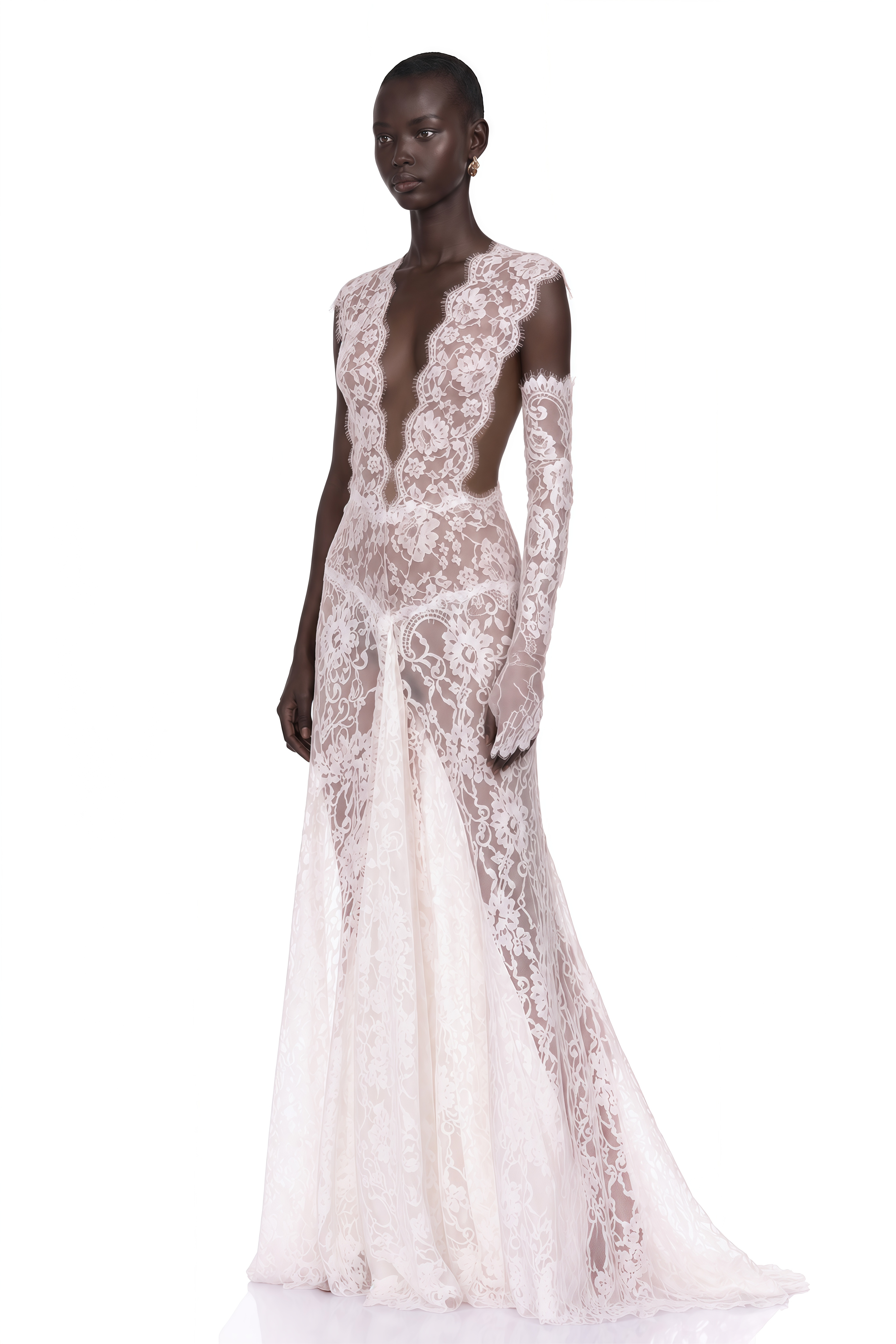 Hanna White Sheer Lace Maxi Dress with Deep V-Neck (Without Gloves)