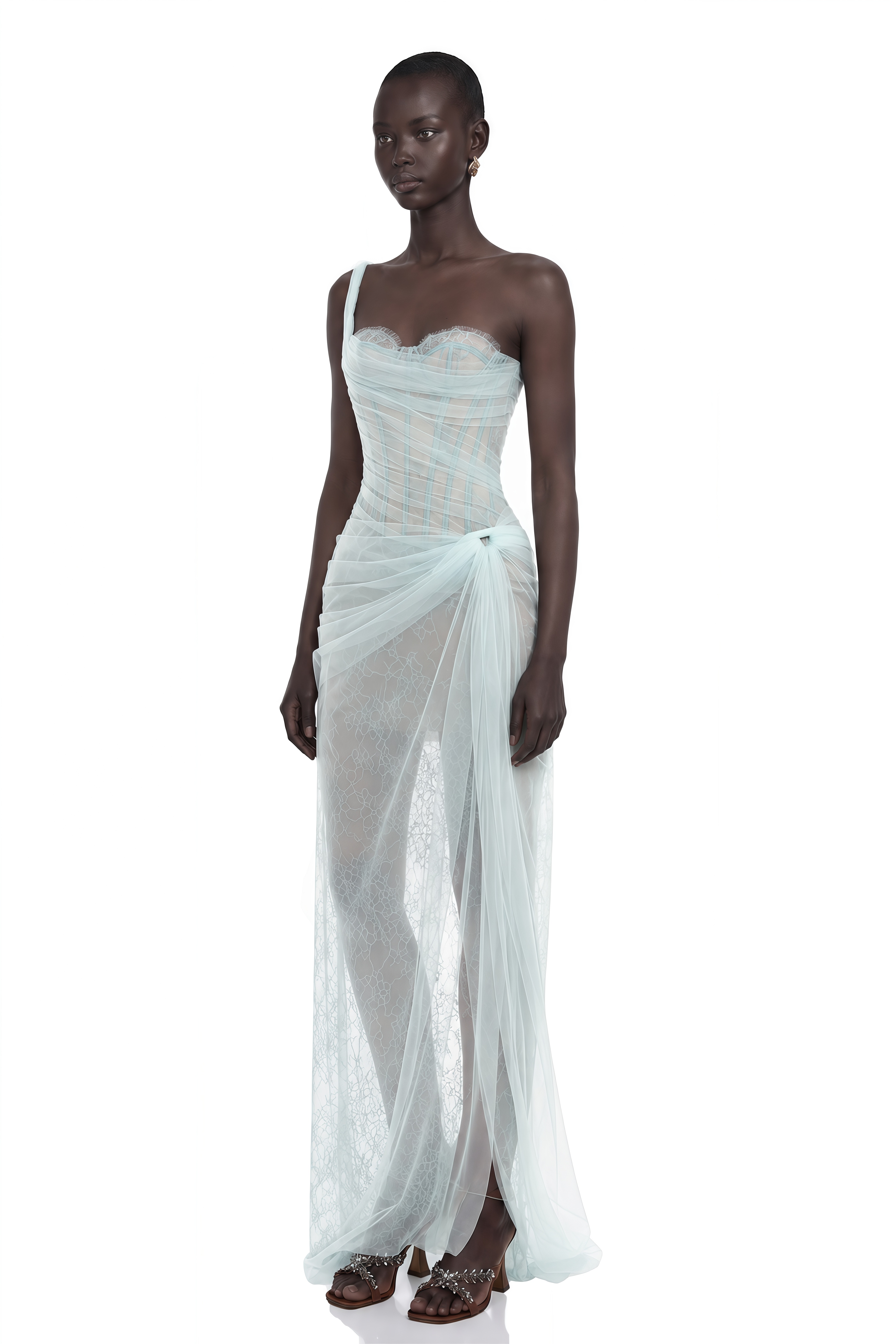 Juno Blue Pleated Mesh Midi Dress