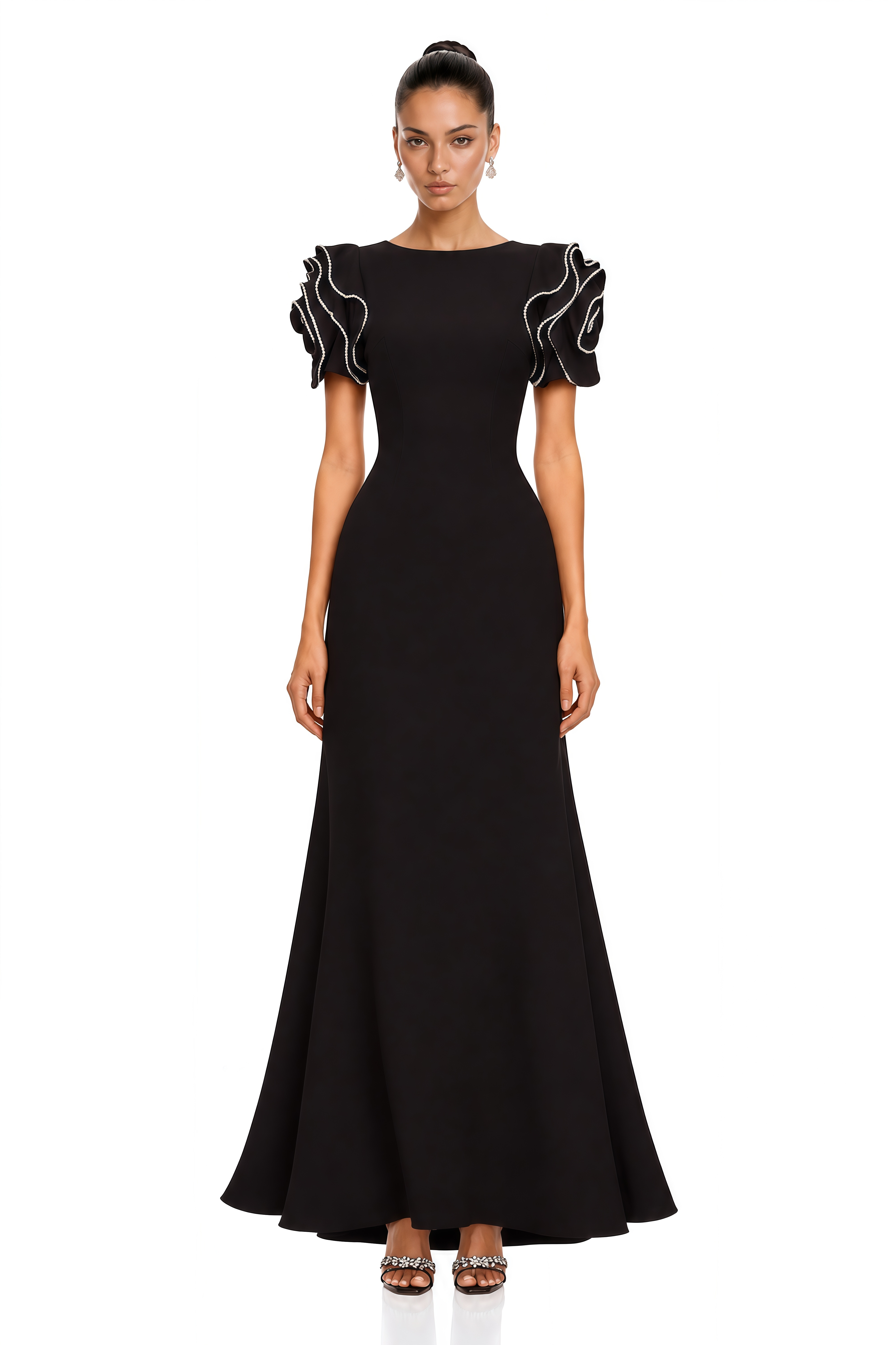 Bruyère Black Ruffled Embellished Maxi Dress