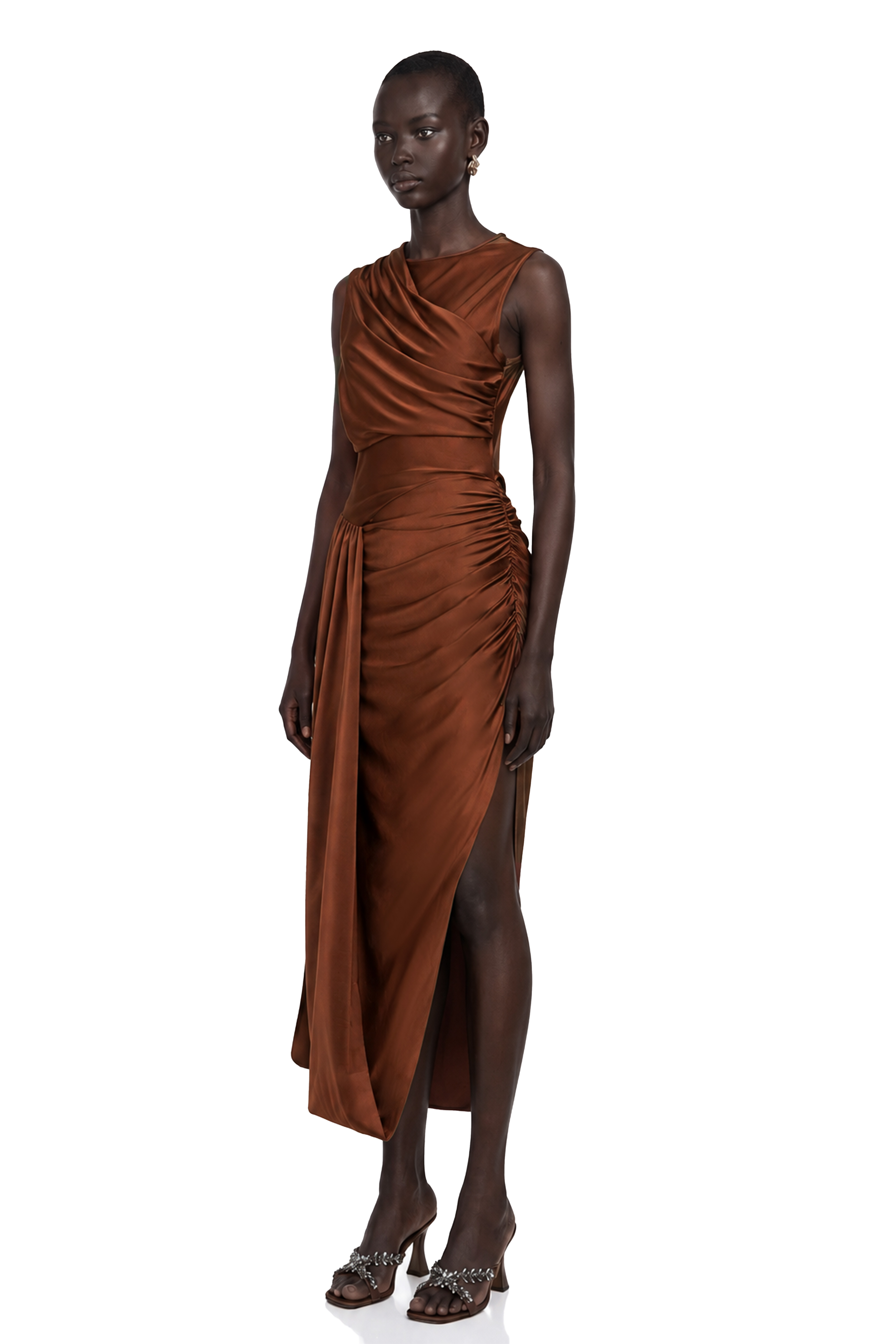 Reine Brown Asymmetrical Ruched Maxi Dress