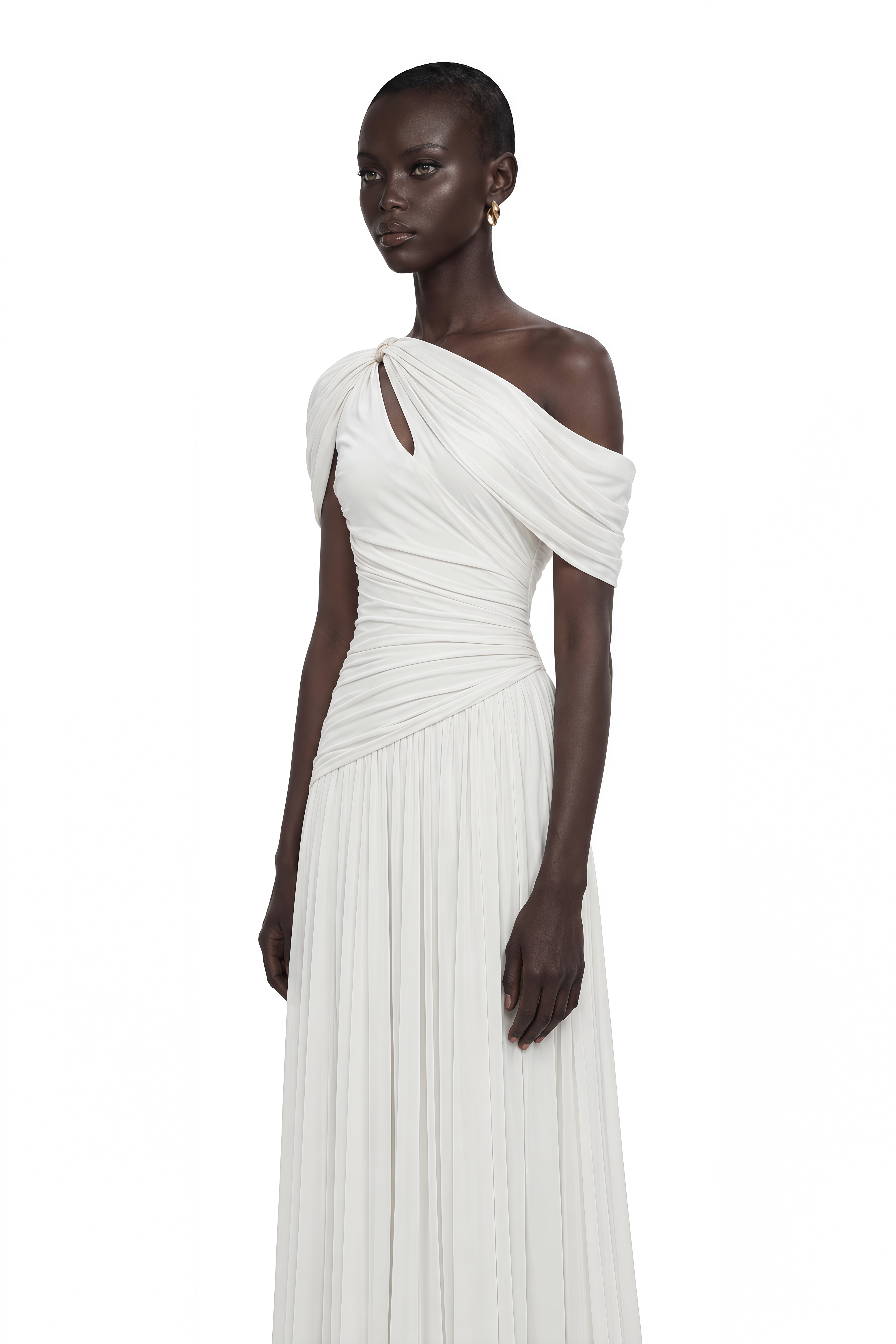 Sigrun White Asymmetrical Gathered Maxi Dress